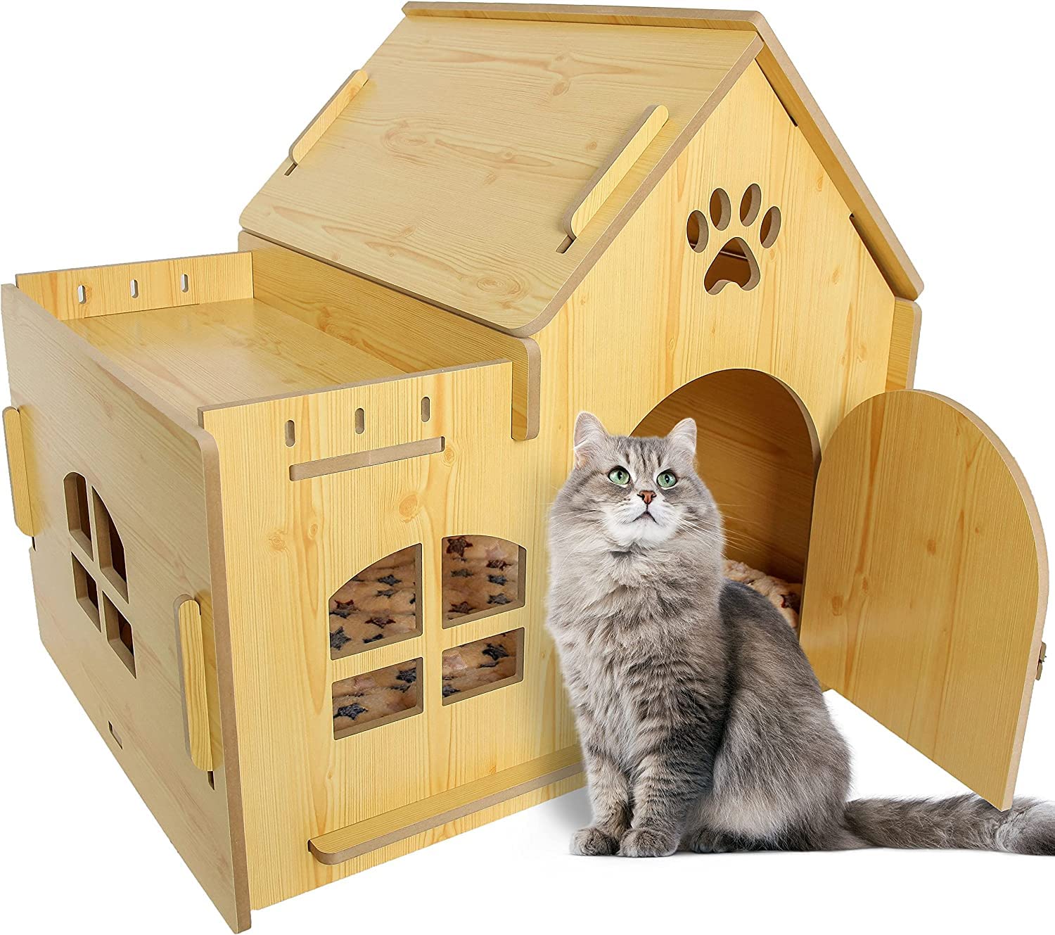 Mofish Cat House Indoor Cats with Padding Small Dog Cave Bed Wooden Cages for Little Pets with Door and Windows Easy Assemble Oversized Space (Villa type)