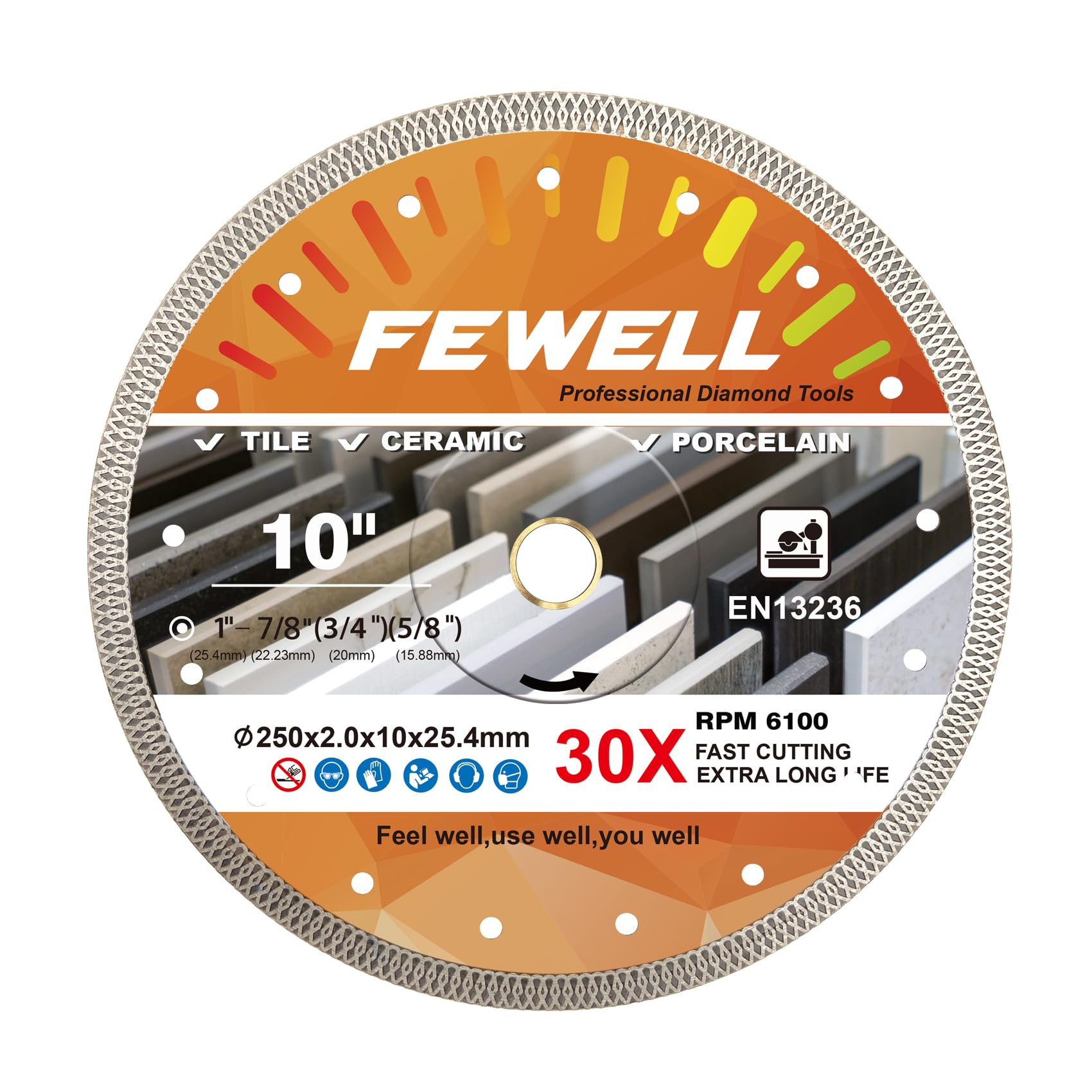 FEWELL 10 Inch Super Thin Diamond Tile Blade Porcelain Saw Blade Turbo Mesh Ceramic Cutting Blade for Cutting Ceramic Tile Porcelain