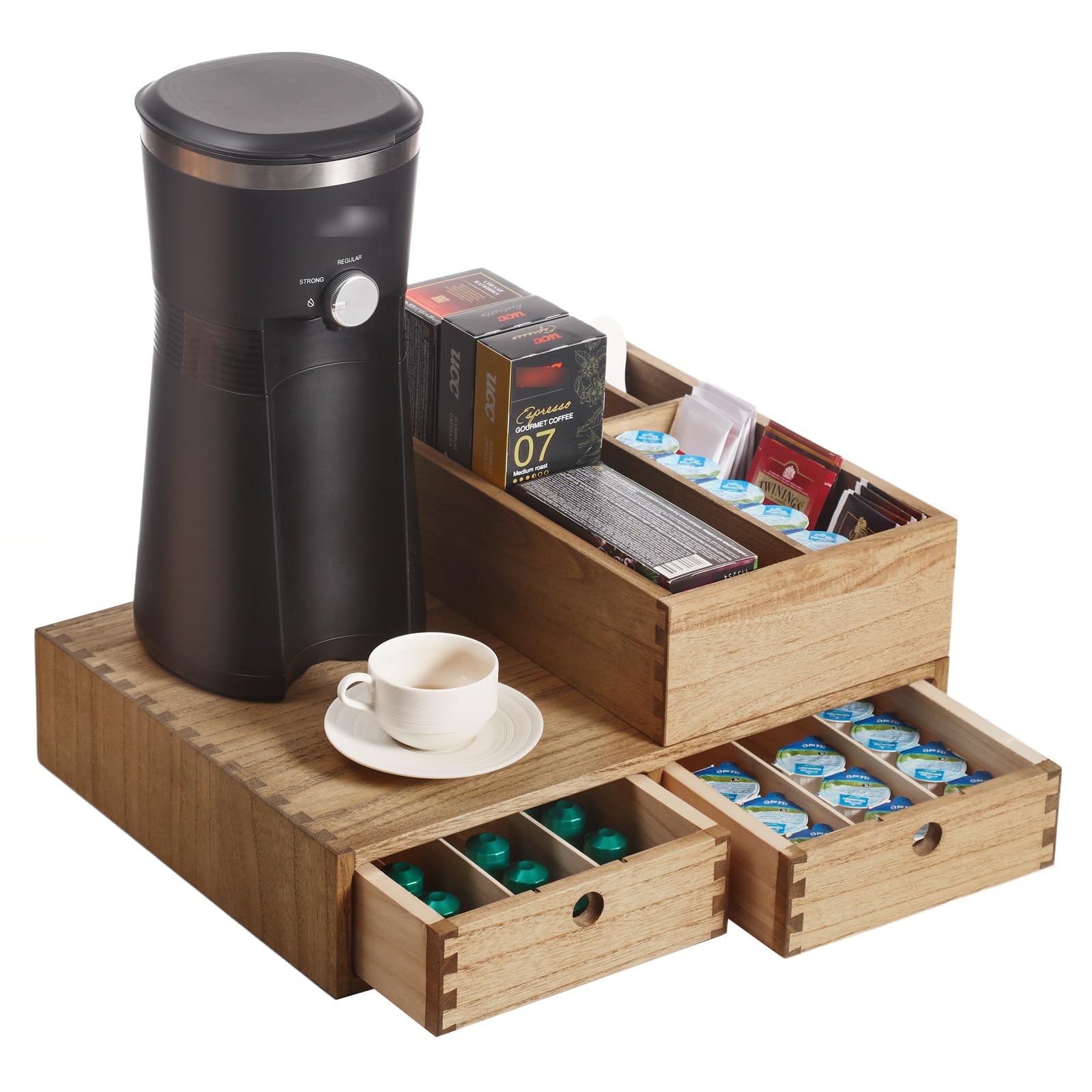 KIRIGEN Organizador de Café, Estación de Café, Caja para Cápsulas, Marrón | 2 cajones y 4 compartimentos; paulownia maciza; montado; uniones de espiga y mortaja; aceite vegetal; 41 × 31 × 17 cm