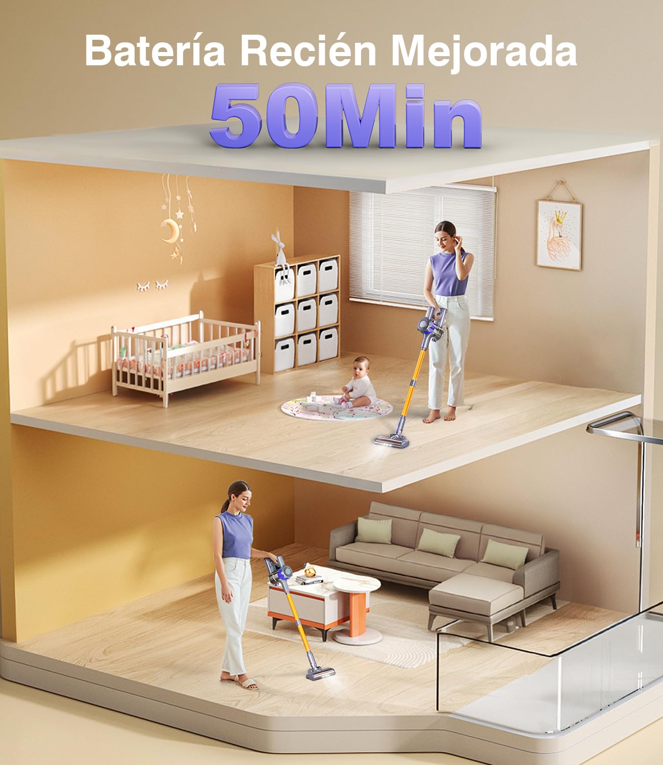 40KPa/450W Aspiradora sin Cable, aspiradora sin Cable Potente hasta 50 Mins, con Smart Screen y Cepillo Antienredos (Amarillo)