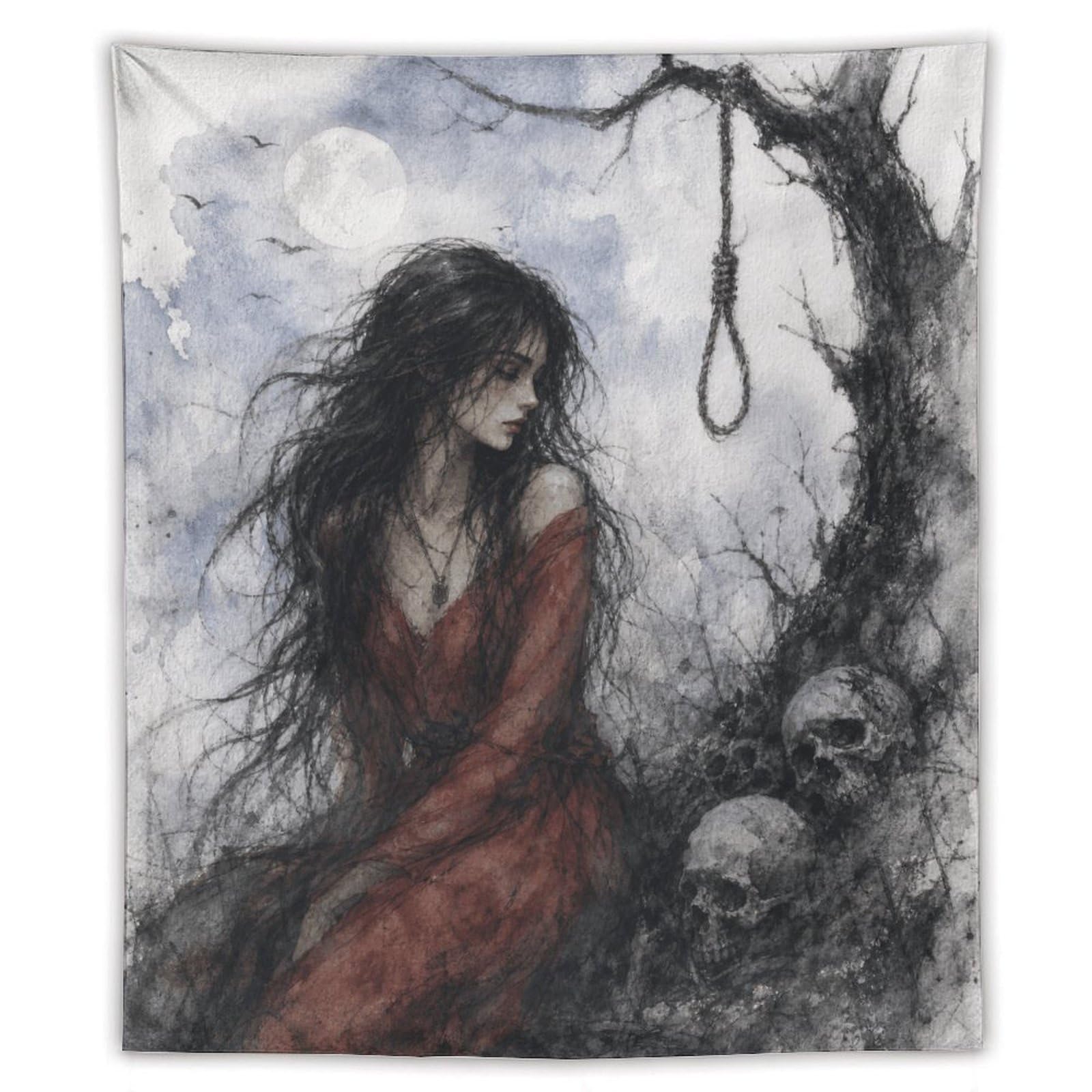 Woman by Hanging Noose Wall Tapestry, Fantasy Illustration, Bedroom
