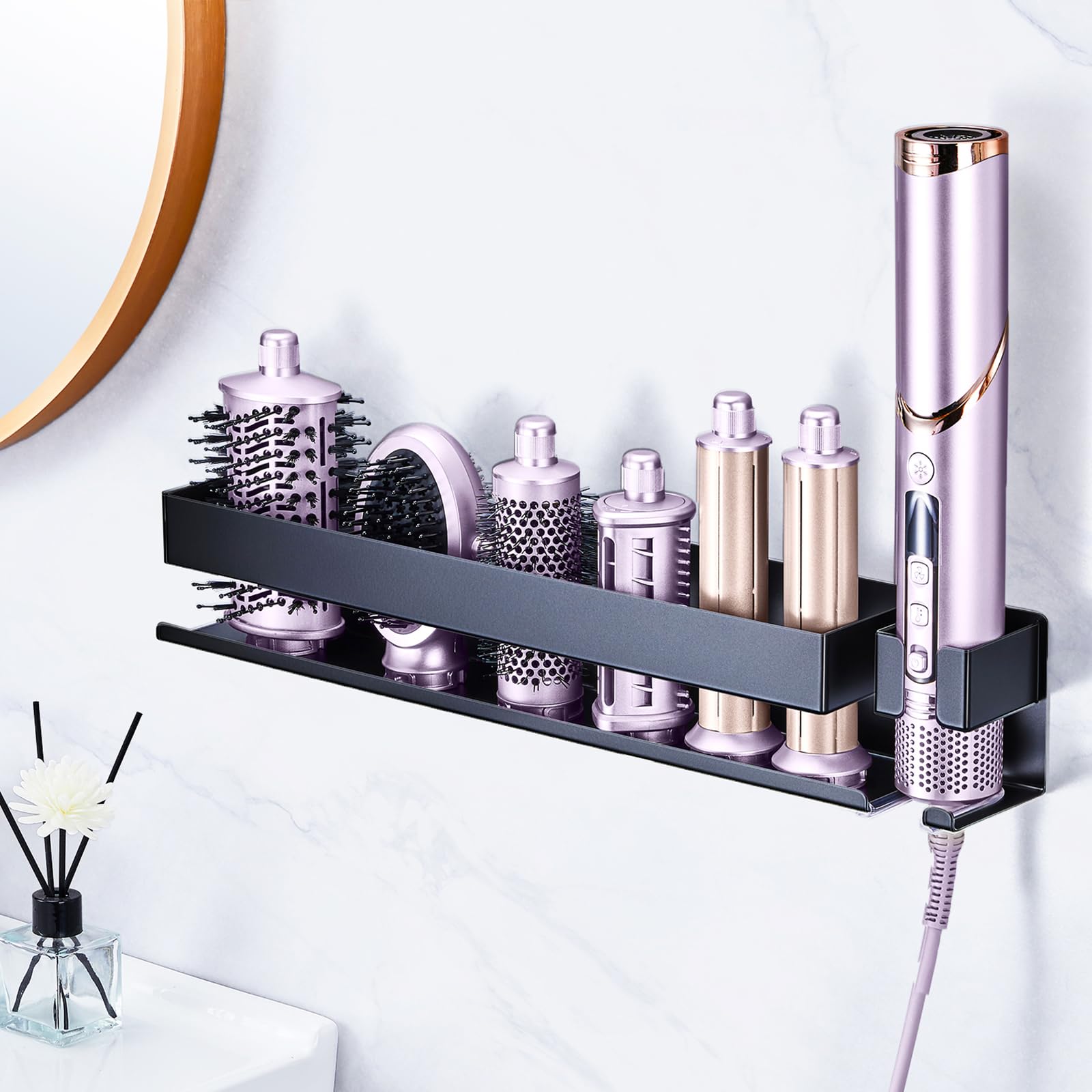 Soporte de Pared para Secador y Planchas, Soporte Pared Secador Pelo, Soporte Plancha Pelo, Organizador sin Taladrar para Planchas de Rizo, Cepillo de Aire y Accesorios de Maquillaje en baño (Plata)