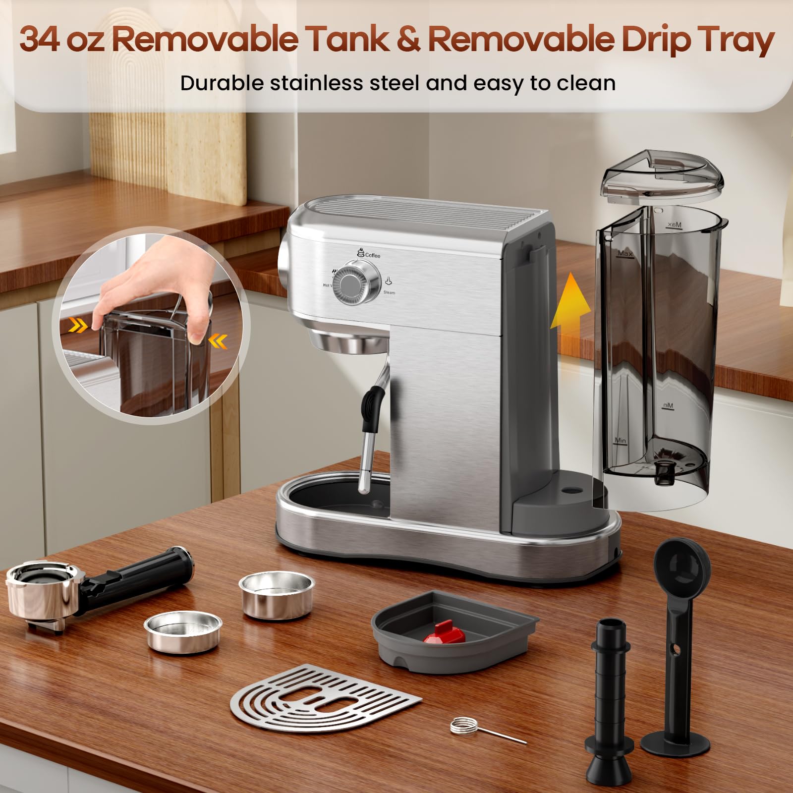 Espresso Machine with Milk Frother, 20 Bar Stainless Steel Coffee Machine, Espresso Maker with 34oz Removable Water Tank for Home, Office, Women or Men - 5