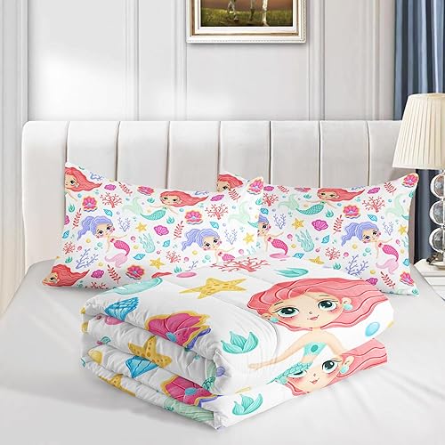 Miniatura 6 de Juego de edredón de sirena, tamaño matrimonial, juego de ropa de cama de cuento de hadas, conchas marinas y hierba, juego de cama con estrellas de