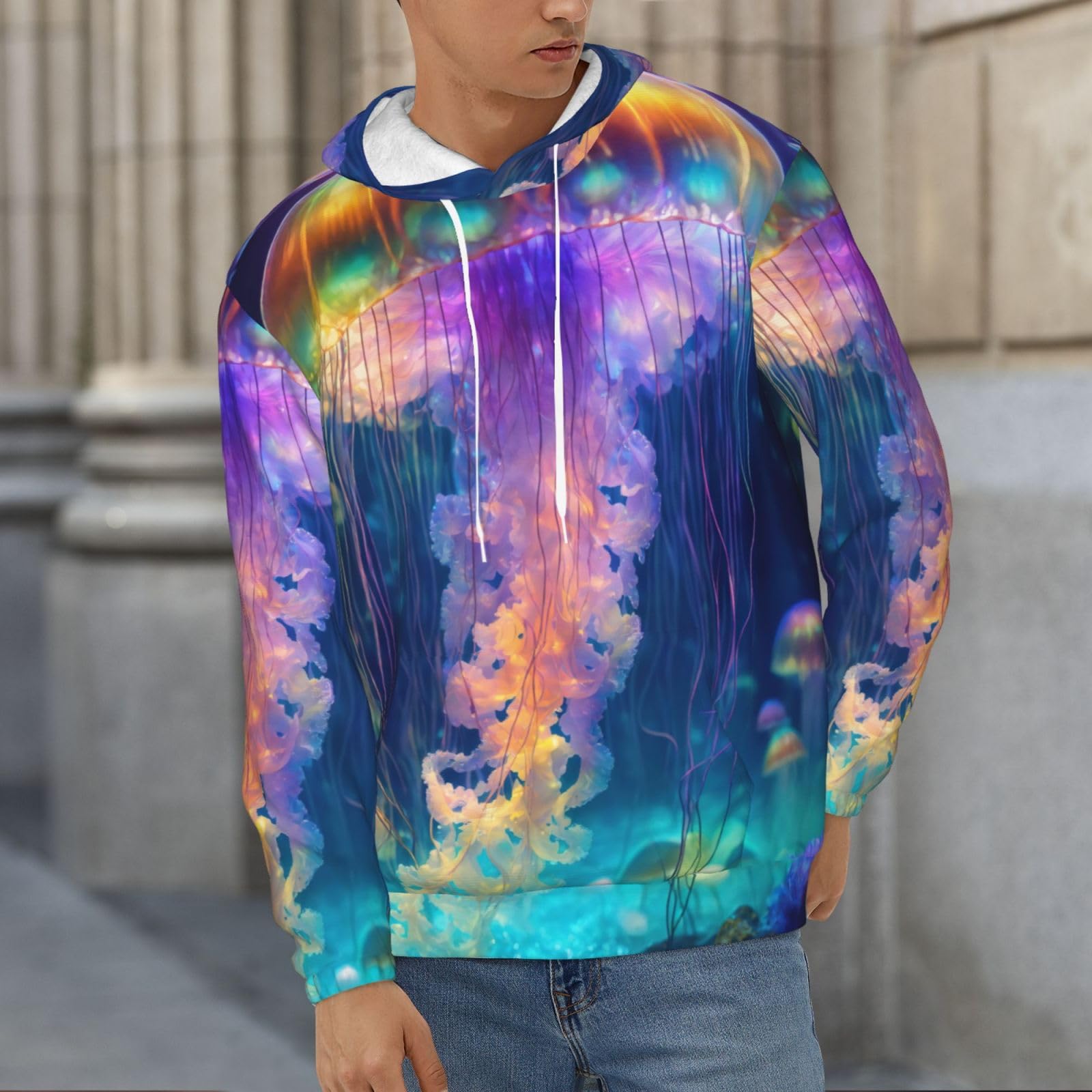 Męska bluza z kapturem z nadrukiem oceanu meduzy, casualowa grafika z nadrukiem bluzy z kapturem z kieszenią