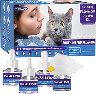 WEALLIN Cat Calming Diffuser Kit - Cat Pheromones Calming Diffuser Relieve Anxiety & Stress - 5-in-1 Cat Pheromone Diffuser Kit with 1 Diffuser + 4 Refill 48ml Vial-4 Months of Comfort and Relaxation