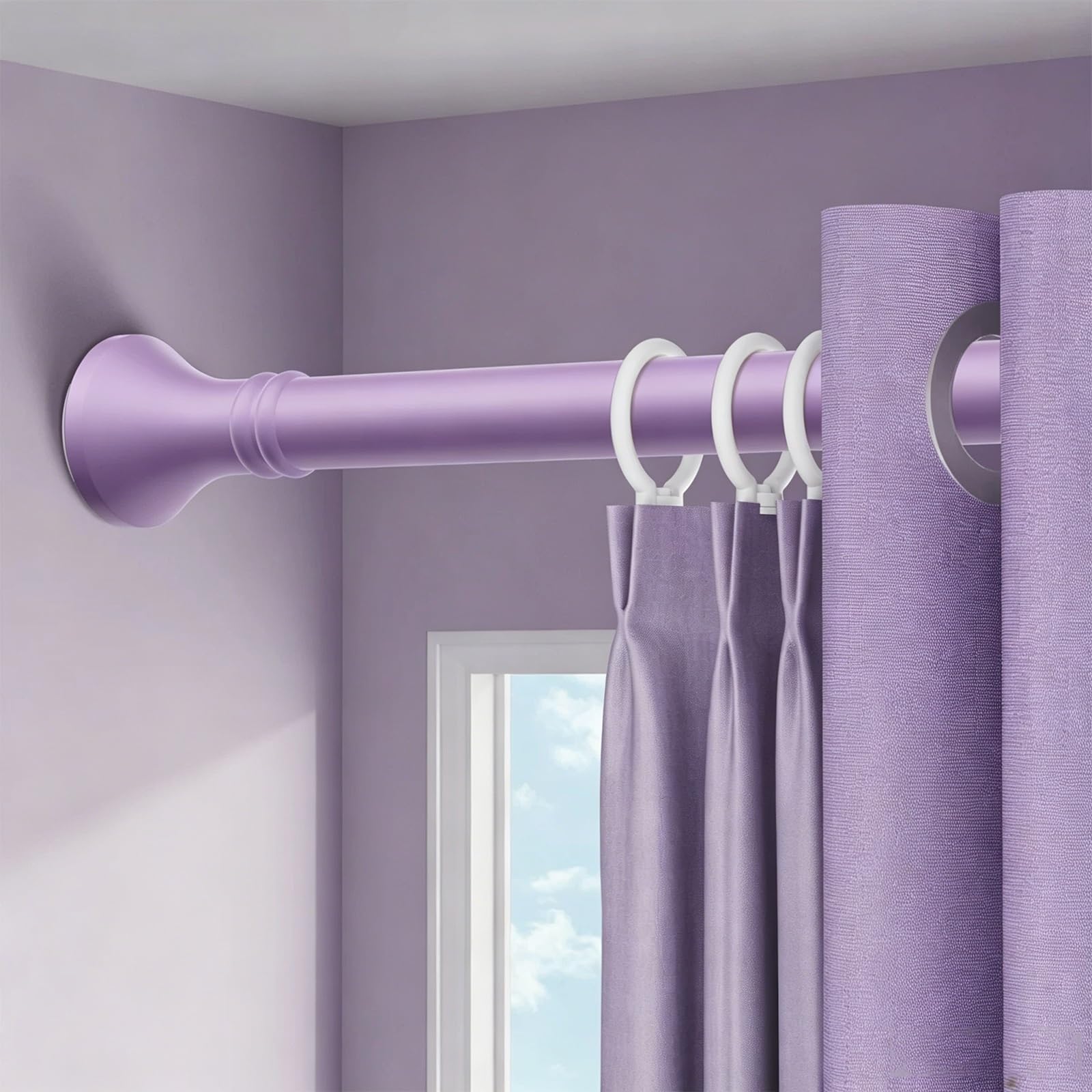 Stainless Steel Tension Curtain Rod with 10 Rings Adjustable 16-197in Rustproof Shower Curtain Rod No Drilling for Bathroom Bedroom Kitchen Windows(Purple,210-300cm/83-118in)