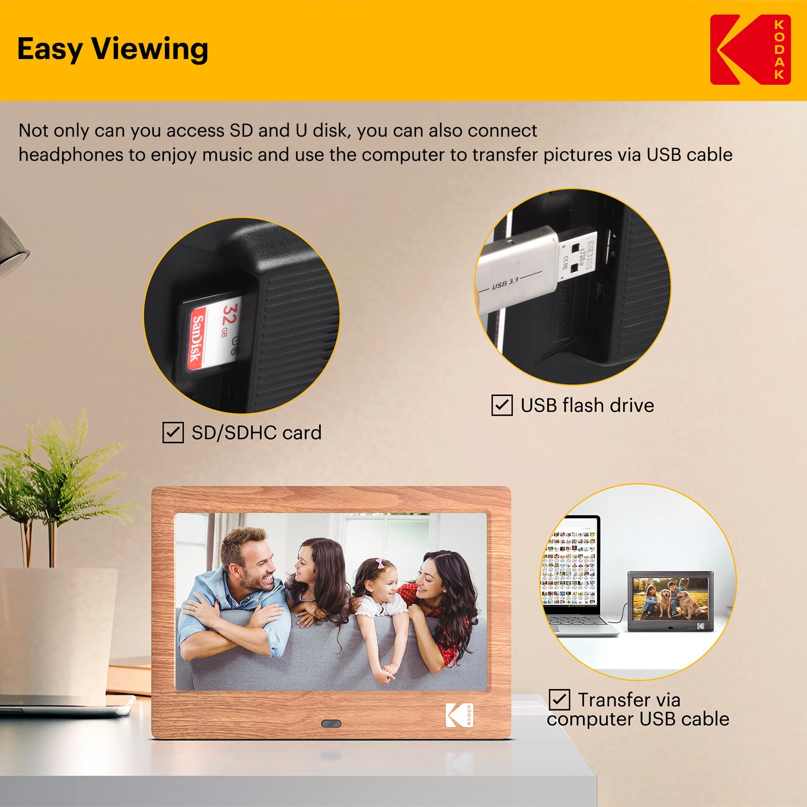 KODAK Cornice digitale da 7 pollici, cornice elettronica, schermo IPS, foto/musica/lettore video, calendario/allarme, supporto USB o scheda SD, rotazione automatica, con telecomando