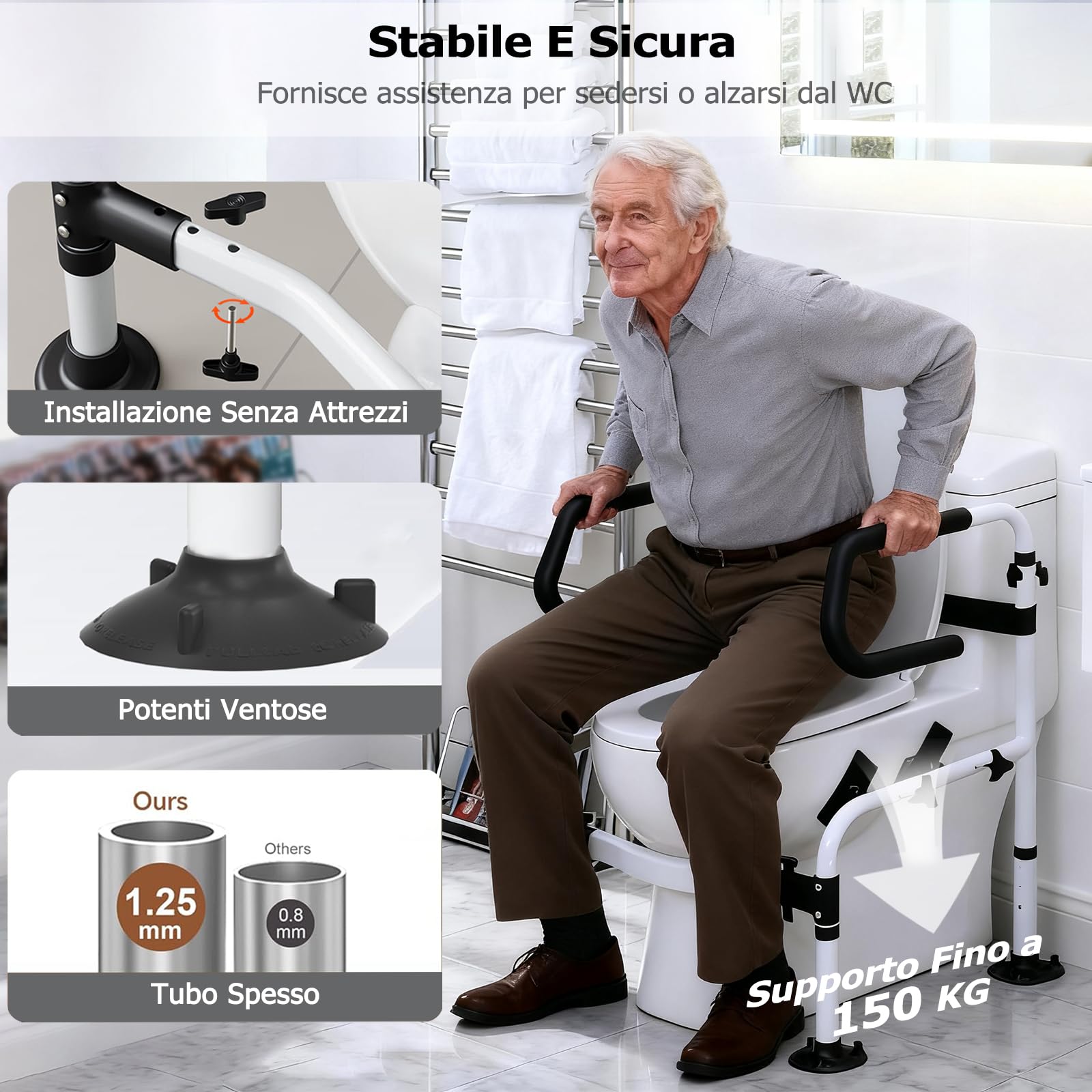 NJUN Supporti di Sicurezza per WC, Larghezza e Altezza Regolabili Telaio di Sicurezza per WC con Corrimano Antiscivolo a Doppio Strato e Grande Ventosa, Supporto WC per Anziani Incinte Disabili