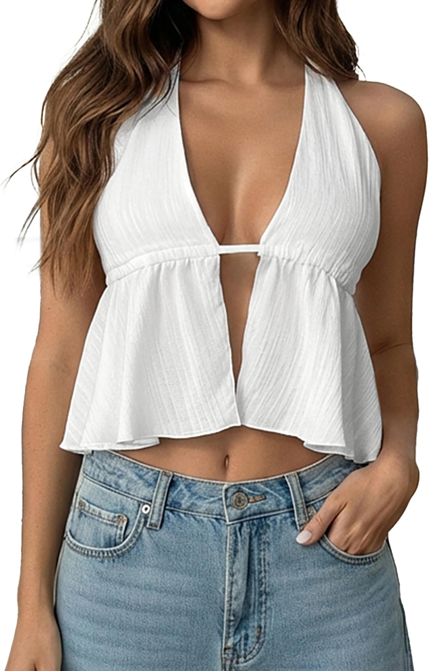 Women's Split Front Halter Top V Neck Backless Ruffled Hem Tie Back Crop Cami Tops