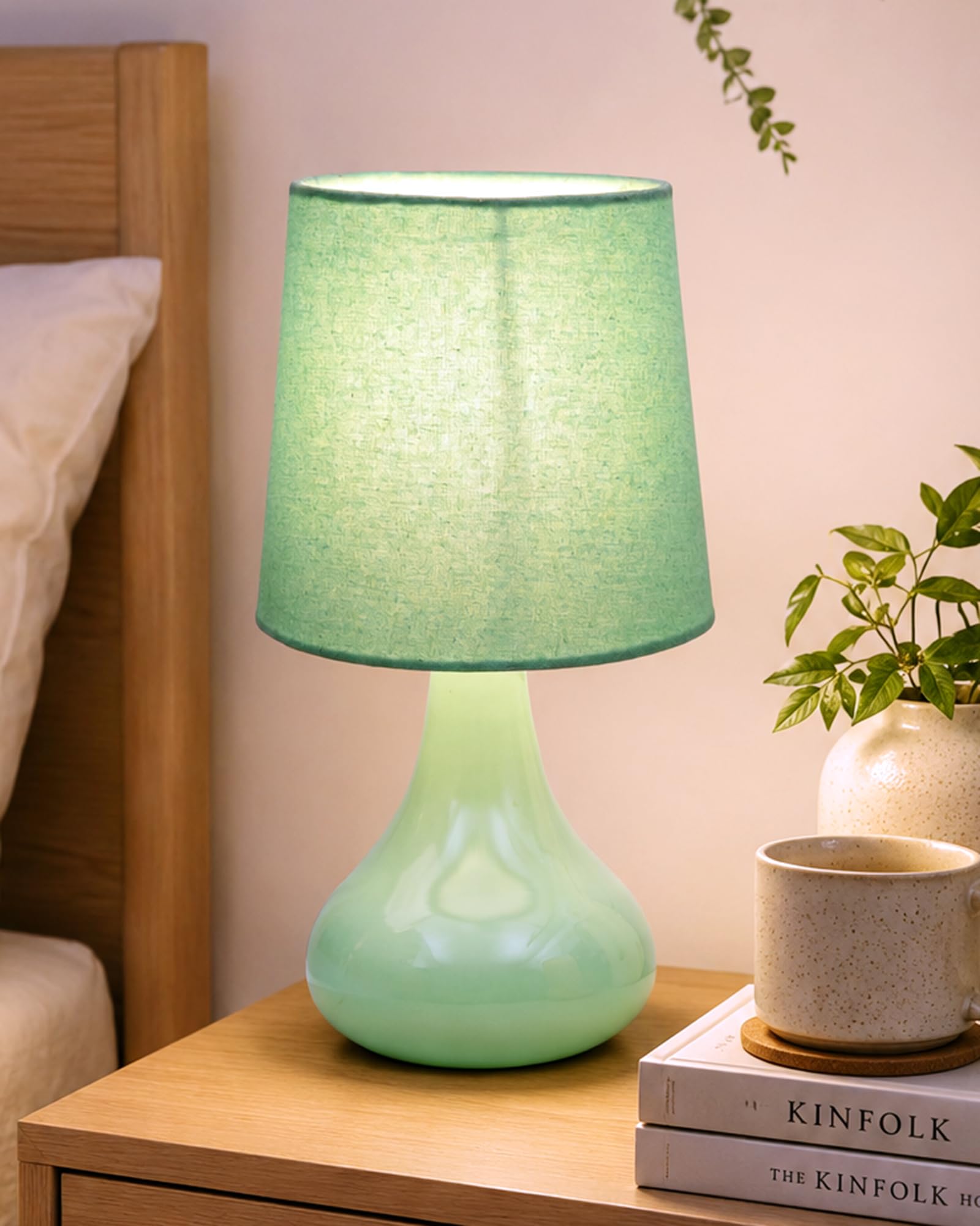 Homesake® Modern Small Ceramic LED Table Lamp, Classic Bedside Desk Lamp for Living Room Bedroom, Farmhouse Nightstand Lamps with Fabric Shade (Green)