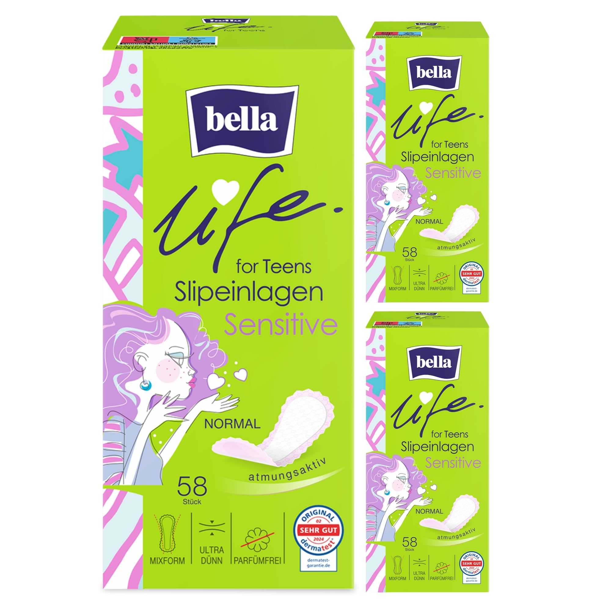 bella life for teens Slipeinlagen Normal 174 Stück (3x58) unauffälliger Schutz in flexibler Mixform parfümfrei