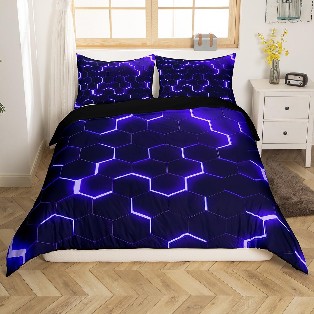 Kids Geometric Double Bedding Sets for Boys,Navy Blue Black Honeycomb  Comforter Cover for Teen Young Man,Reversible Black Duvet Cover,Geometry  Hexagon Beehive Bed Set Neon Style Room Decor – BigaMart, image size:1200x1200