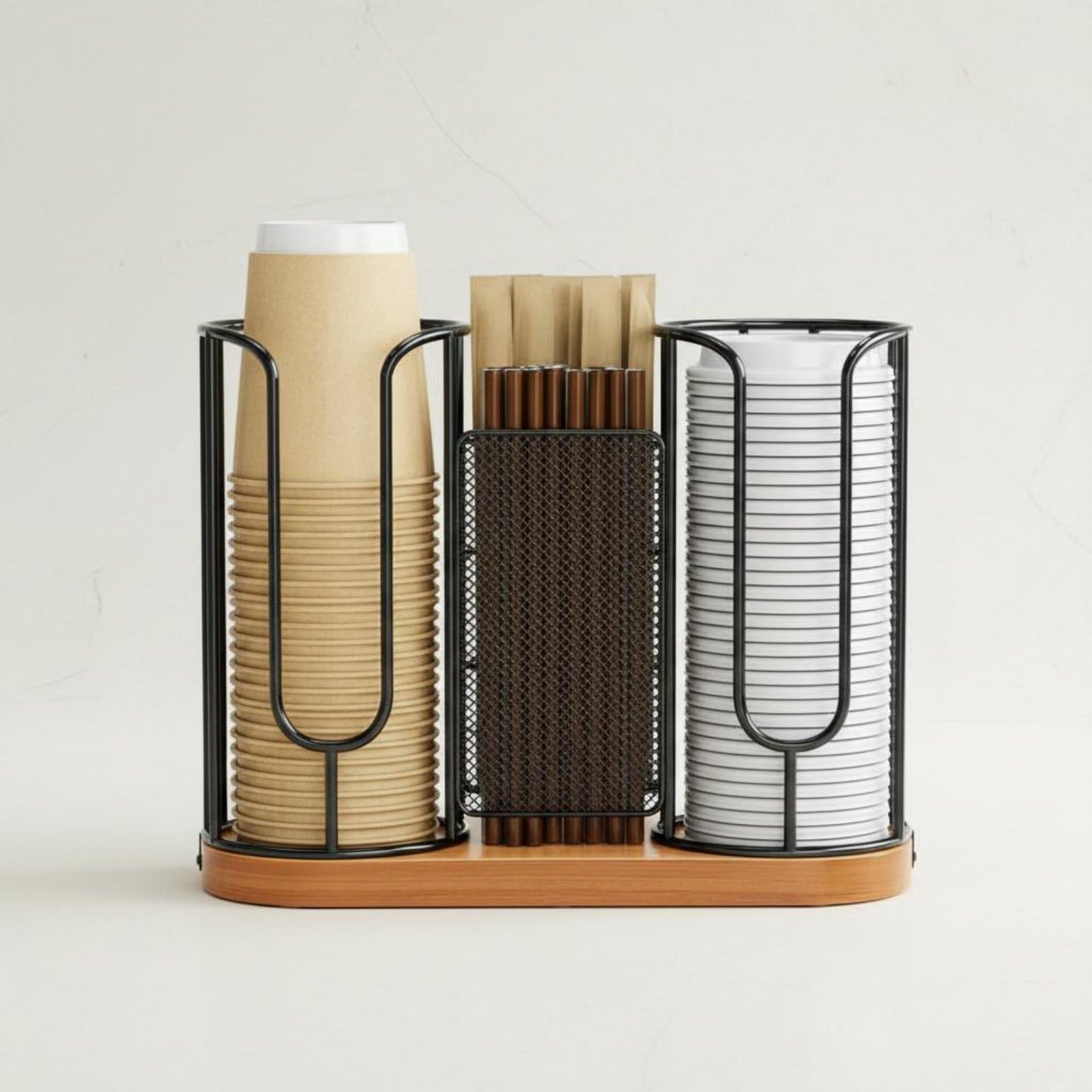 F Fityle Organizador de Escritorio Portavasos Soporte para Tazas Dispensador de Tapas Bandeja para Madera y Metal para Uso Diario Adecuado para Cocina Área de