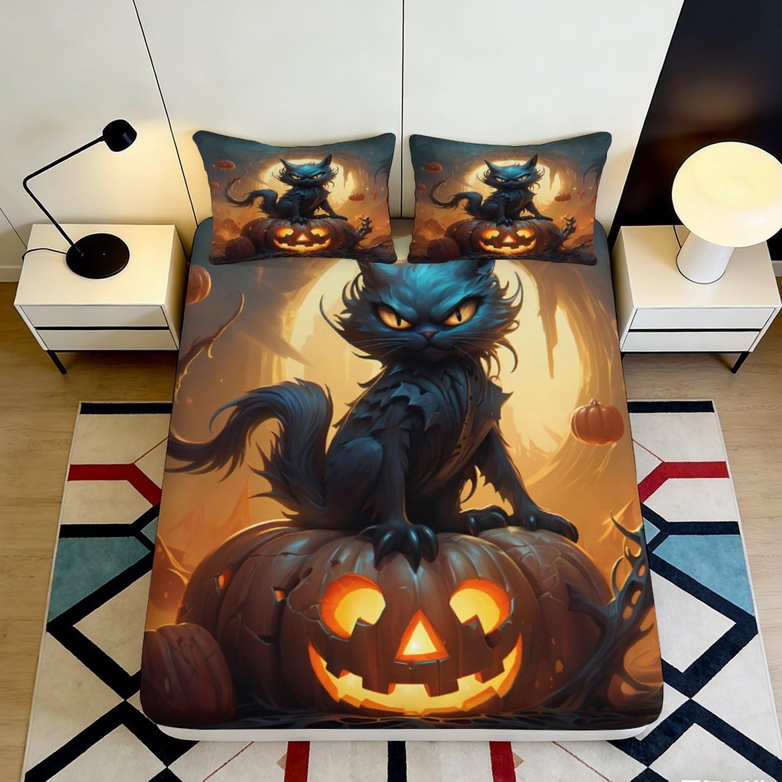 3D Printed Halloween Black Cat Fitted Sheet Microfiber Soft Pumpkin Bed Cover for Bedroom Guest Room Decor 90x200x25cm