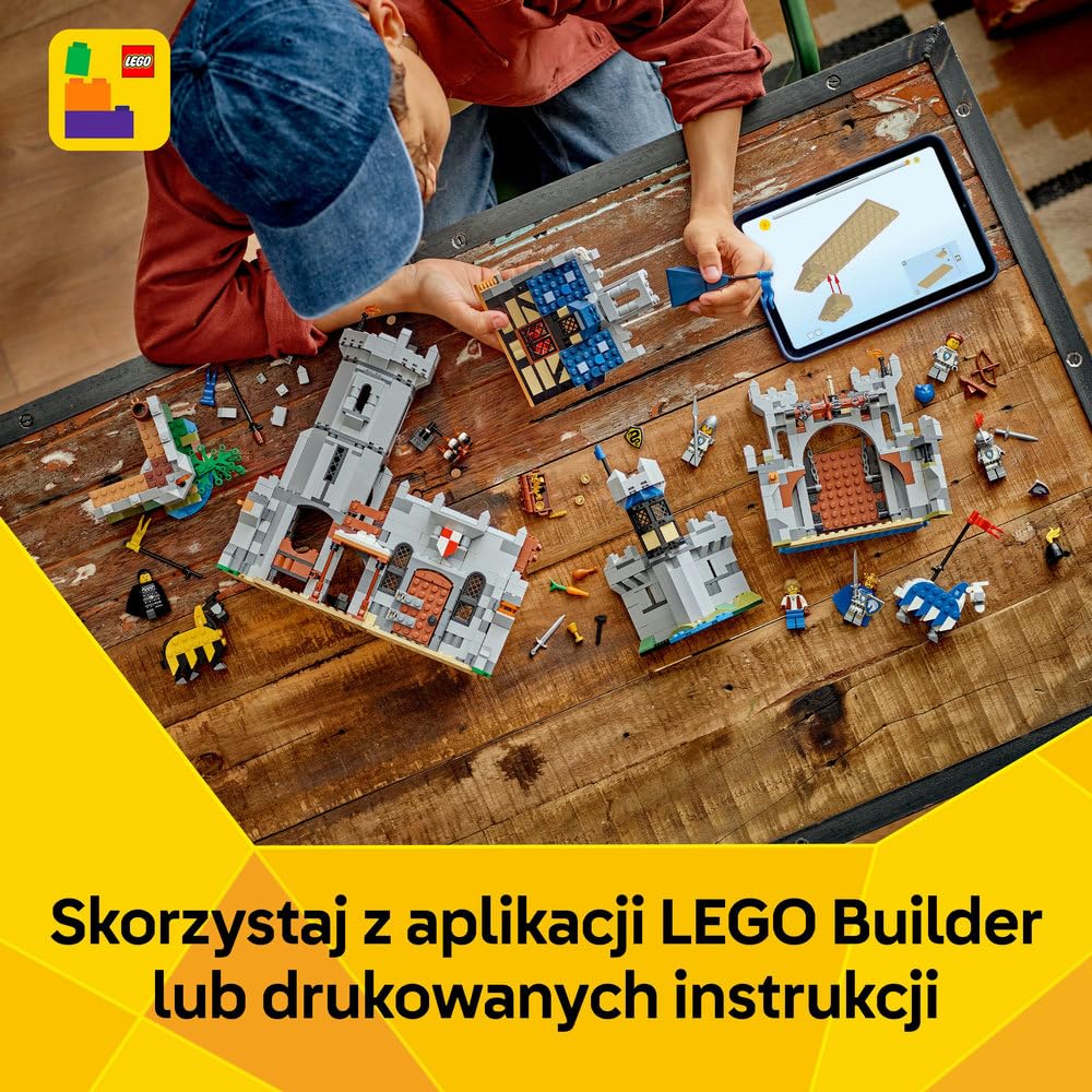 LEGO Creator 3 w 1 Średniowieczny zamek rycerzy konnych 31168 | Zestaw klocków konstrukcyjnych, model zamku do przebudowy na turniej lub miasteczko, prezent dla dzieci 9+, 1371 elementów