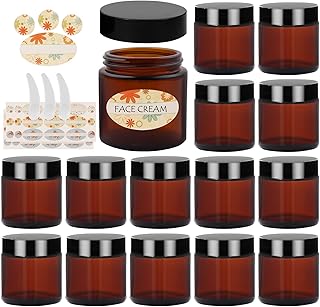 2oz Amber Round Glass Jars, Wetexchi 15 Pack Empty Cosmetic Containers, Glass Sample Jars with Labels for Slime, Beauty Products, Cosmetic, Lotion,Powders and Ointments
