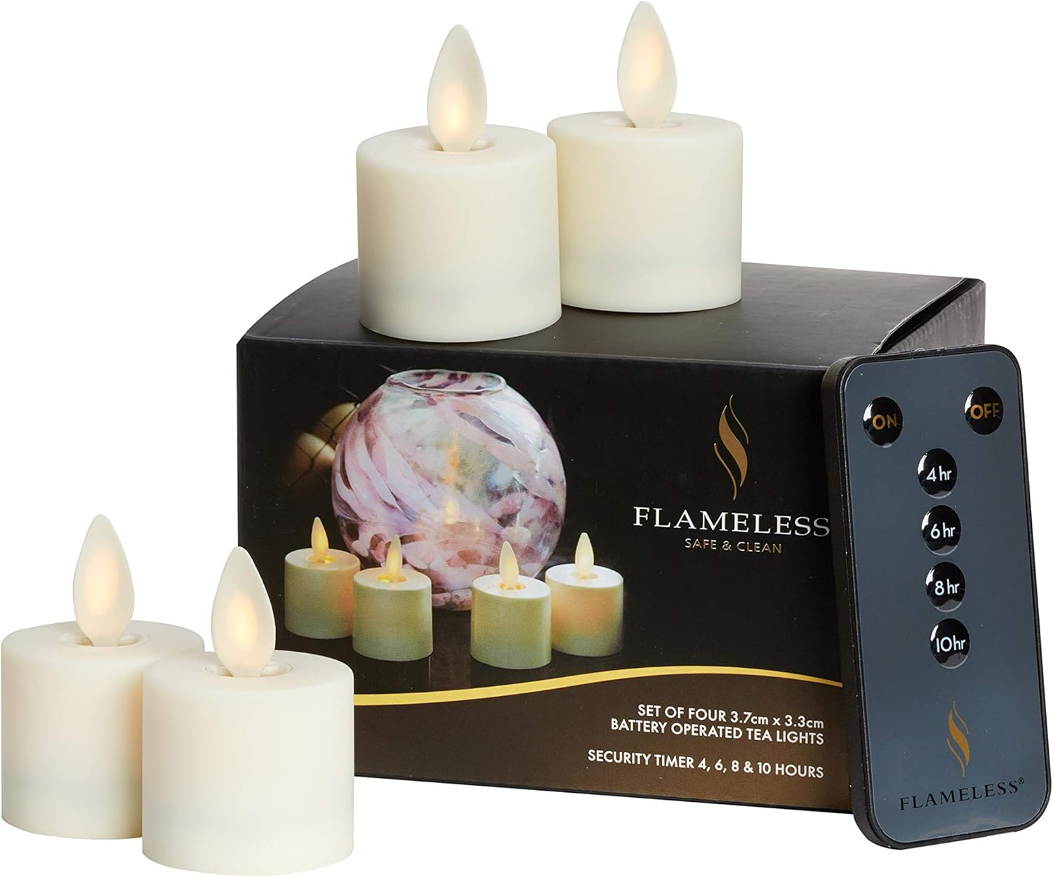 Flameless LED Real Flame Effect Tea Lights Set of 4 in Ivory soft touch