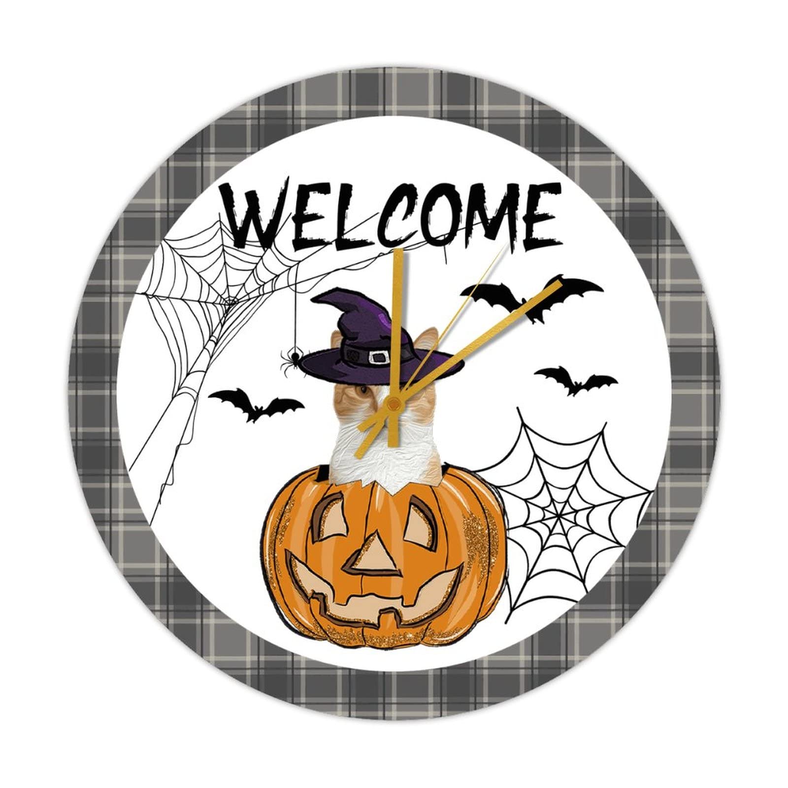Horloge ronde en bois Halloween avec chat et citrouille vintage rétro silencieuse 38cm