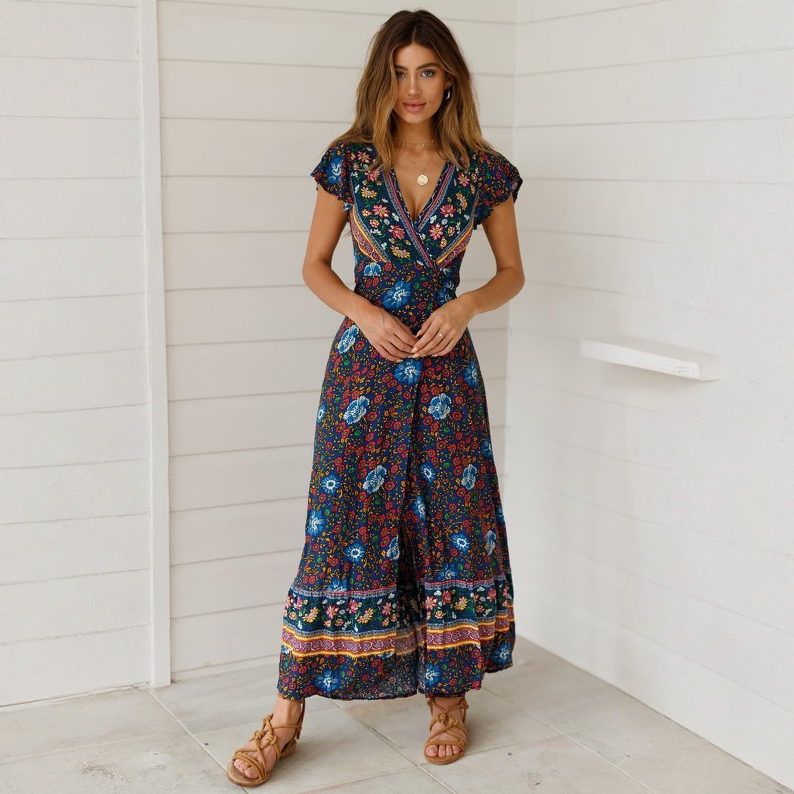Générique Robe Ete Femme Robe Longue Boheme Portefeuille Chic Et Elegant A Col V Manches Courtes Fendue Fluide pour Plage Vacances Soiree Cocktail