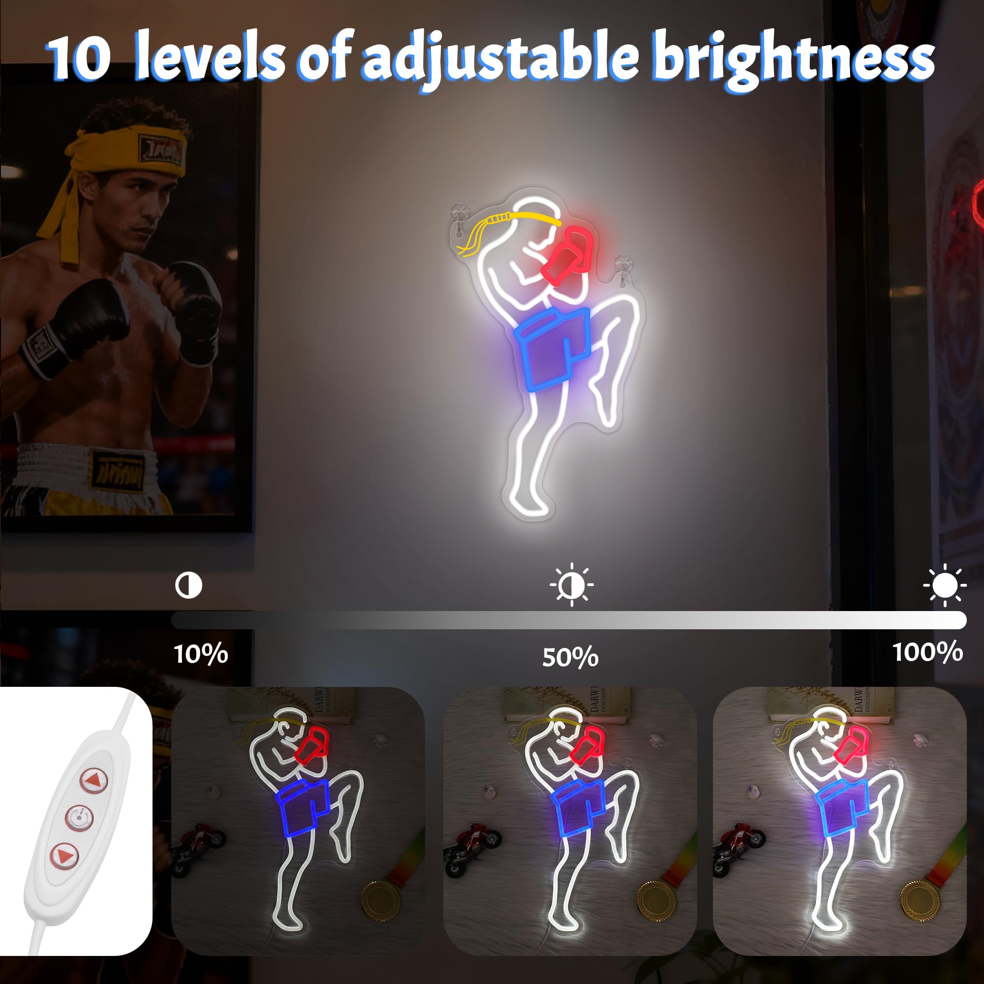 OkiyiD Insegna al neon Muay Thai per uomini, arti marziali, decorazione da parete a tema sport di combattimento, decorazione per stanza con alimentazione USB e catena da appendere, regalo ideale per
