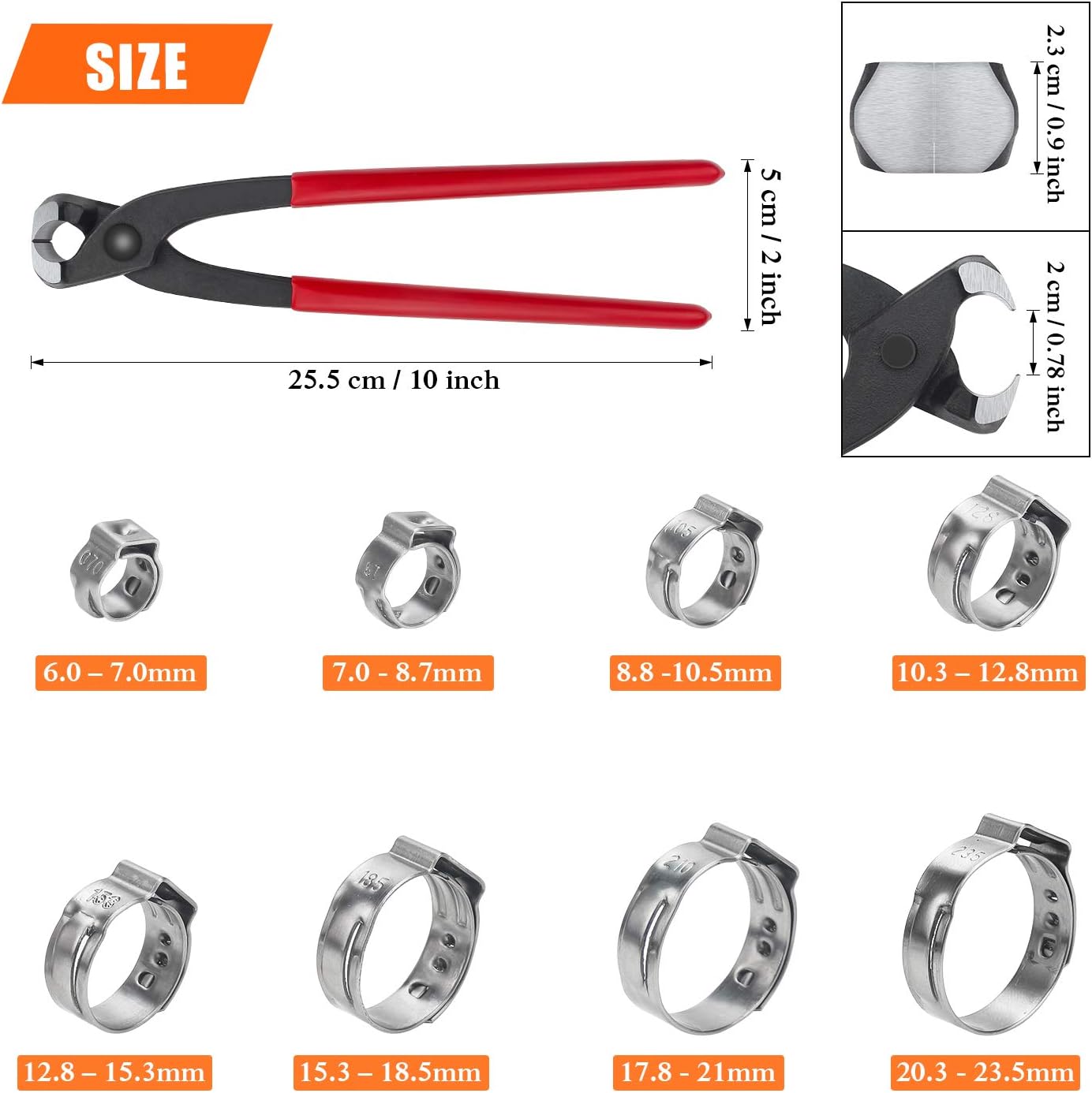 HELIFOUNER 90 Pieces 1/4"-15/16" 304 Stainless Steel Single Ear Hose Clamps with Pincers Kit