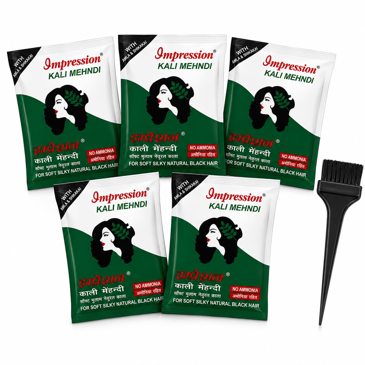 Impressions Kali Mehandi Instant Black Hair Colour Dye 5 pack with Free brush, 10 Minutes instant Black 100% Grey Coverage 50gms with Amla and Shikakai-picture-43