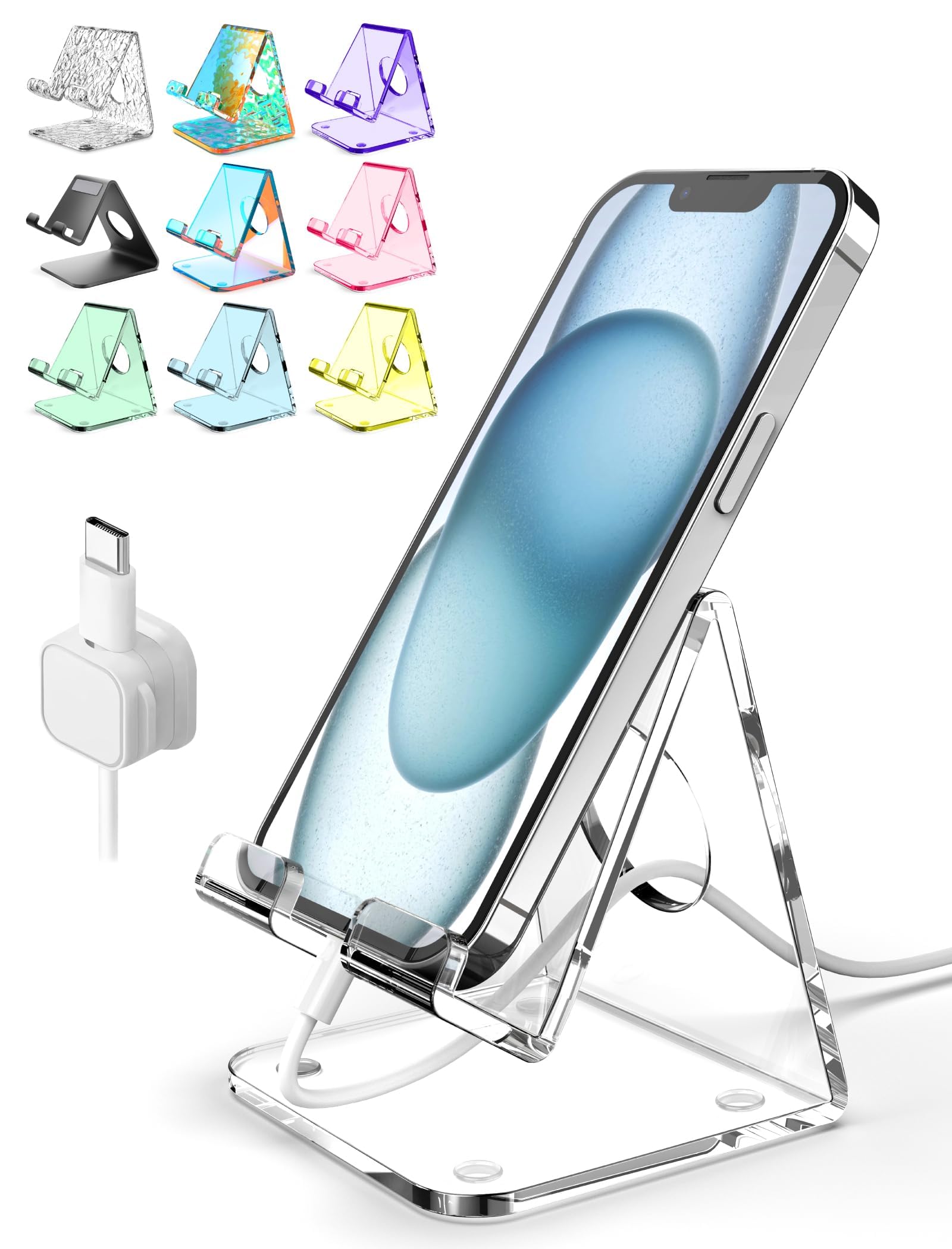 TOPGO Acrylic Cell Phone Stand, Clear Phone Holder for Office Desk, Vanity, Kitchen, Bedside Table, Compatible with iPhone 17/Smartphones/iPad/Switch/
