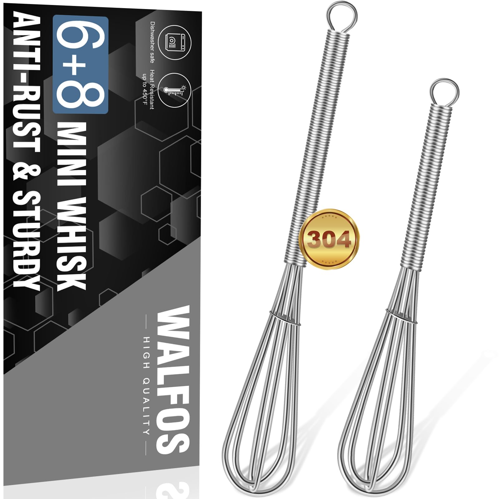 Walfos Mini-Schneebesen, rostfreier 304 Edelstahl, 15,2 cm + 20,3 cm, silberfarben, hitzebeständig 450, kleiner Schneebesen, schön zum Rühren, Mischen, Schlagen, Mischen von Saucen