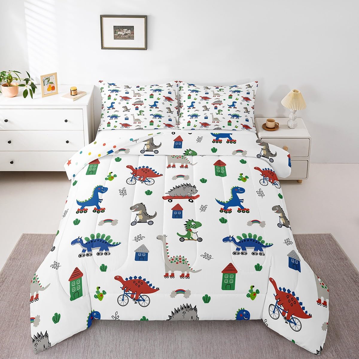 Feelyou Kids Cartoon Dino Comforter Set Queen Size, Blue Green Dinosaur Bedding Set Boys Girls Kawaii Comforter Jungle Dino Duvet Insert 3Pcs
