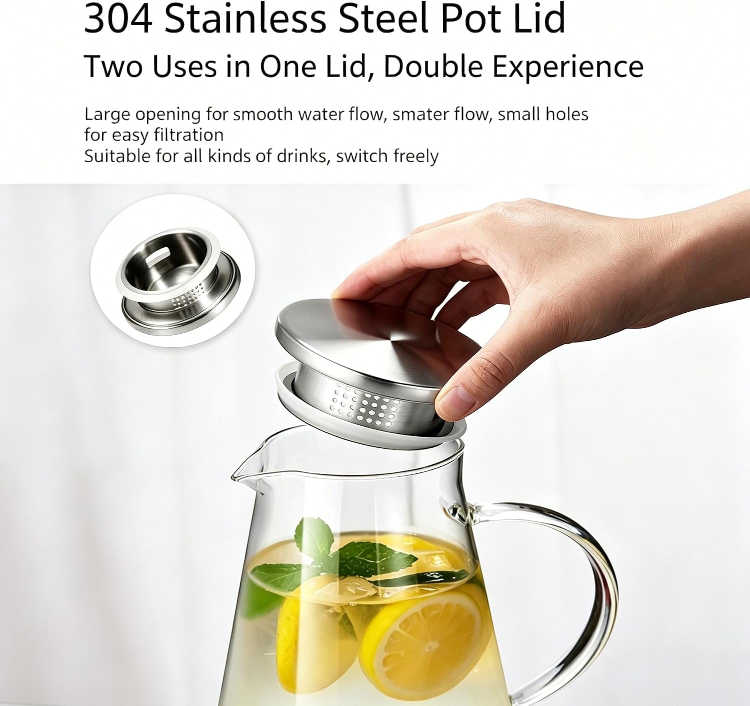 Glass Pitcher with Lid,1.8L 61oz Large Heat Resistant Water Carafe with Handle,Borosilicate Glass Carafe for Hot/Cold Drink-Iced Tea, Coffee,Juice,Homemade Beverage