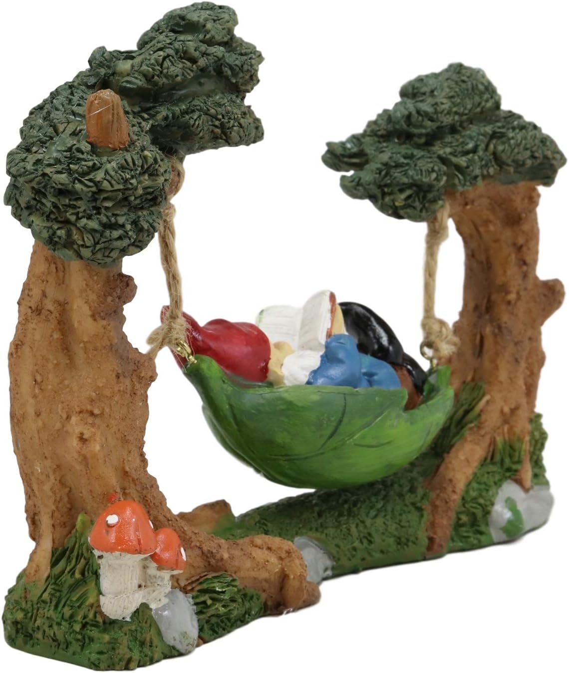 Ebros Whimsical Bookworm Gnome Sleeping On Hammock by Toadstool Mushrooms Forest Tree Ents Statue 6.5" Wide