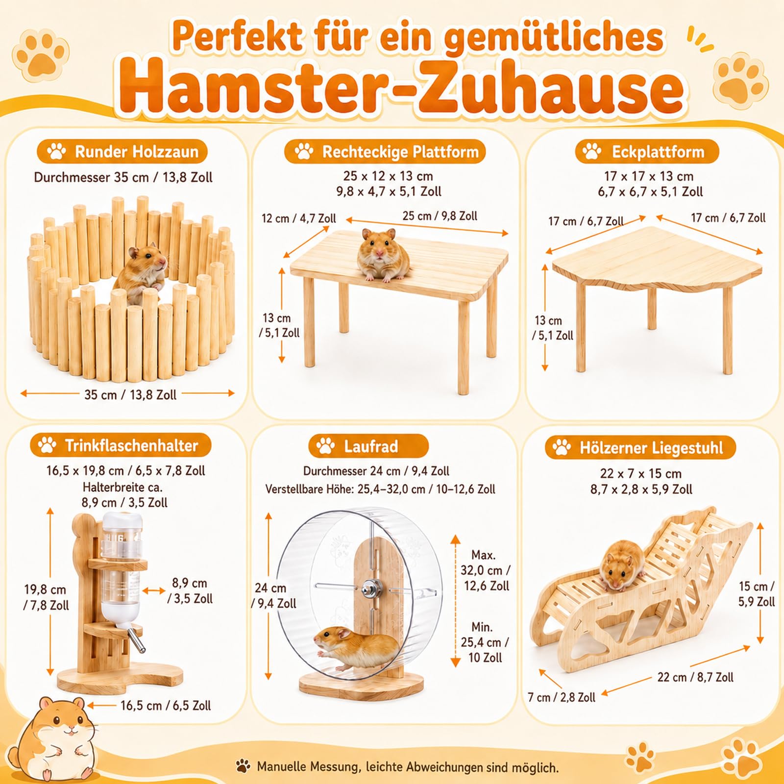 Juego de 6 accesorios para hámster de madera natural, parque infantil para hámster con rueda ajustable silenciosa, 2 plataformas, valla de madera, portabotellas y tumbona para hámsters dorados