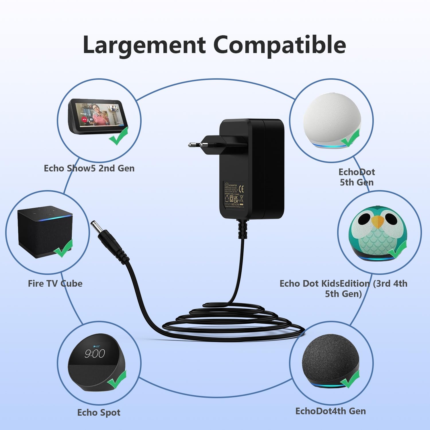 Adaptateur Secteur 12V/15W Pour Echo Dot (3e, 4e, 5e Génération) Et Echo Show 5 - Compatible International