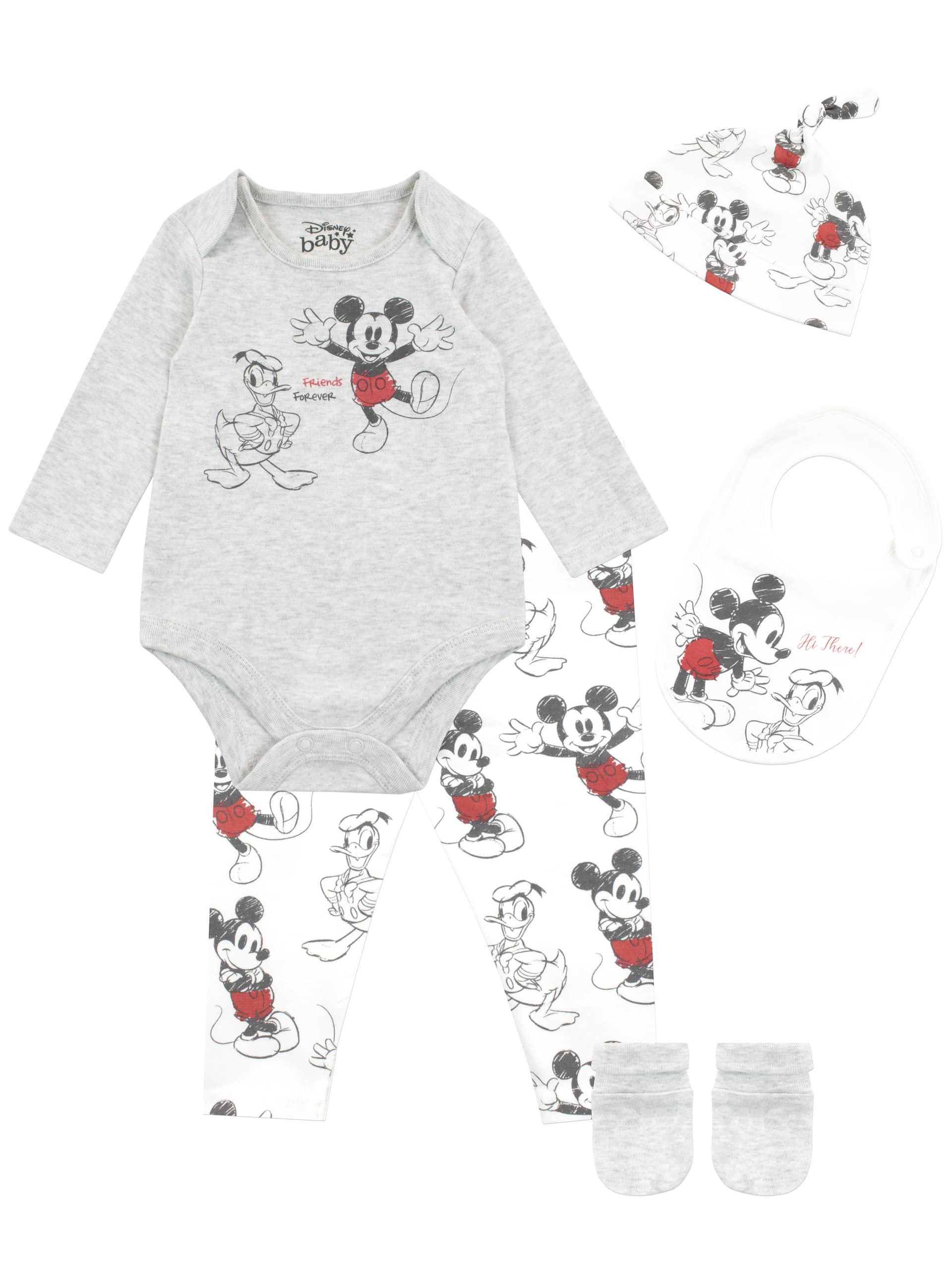 Disney Conjunto de 5 Piezas Body Mickey Mouse y Donald Duck con Babero y Cappello para Bebé Niño