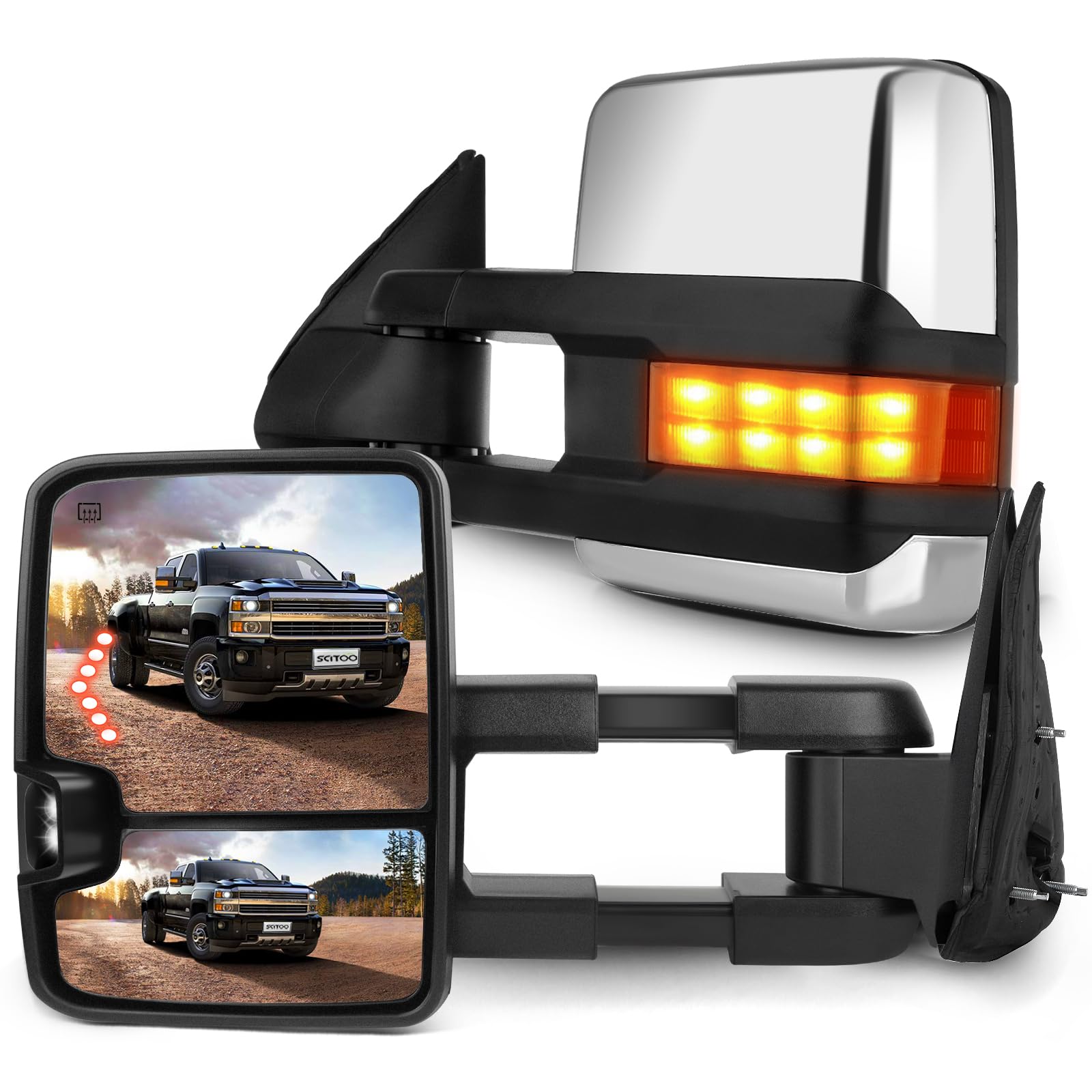 SCITOO Power Heated Chrome Smoke Led Signals Towing Mirrors fit 2003-2006 for Chevy for GMC Silverado Sierra (07 Classic Models) Side Mirror Pair Set