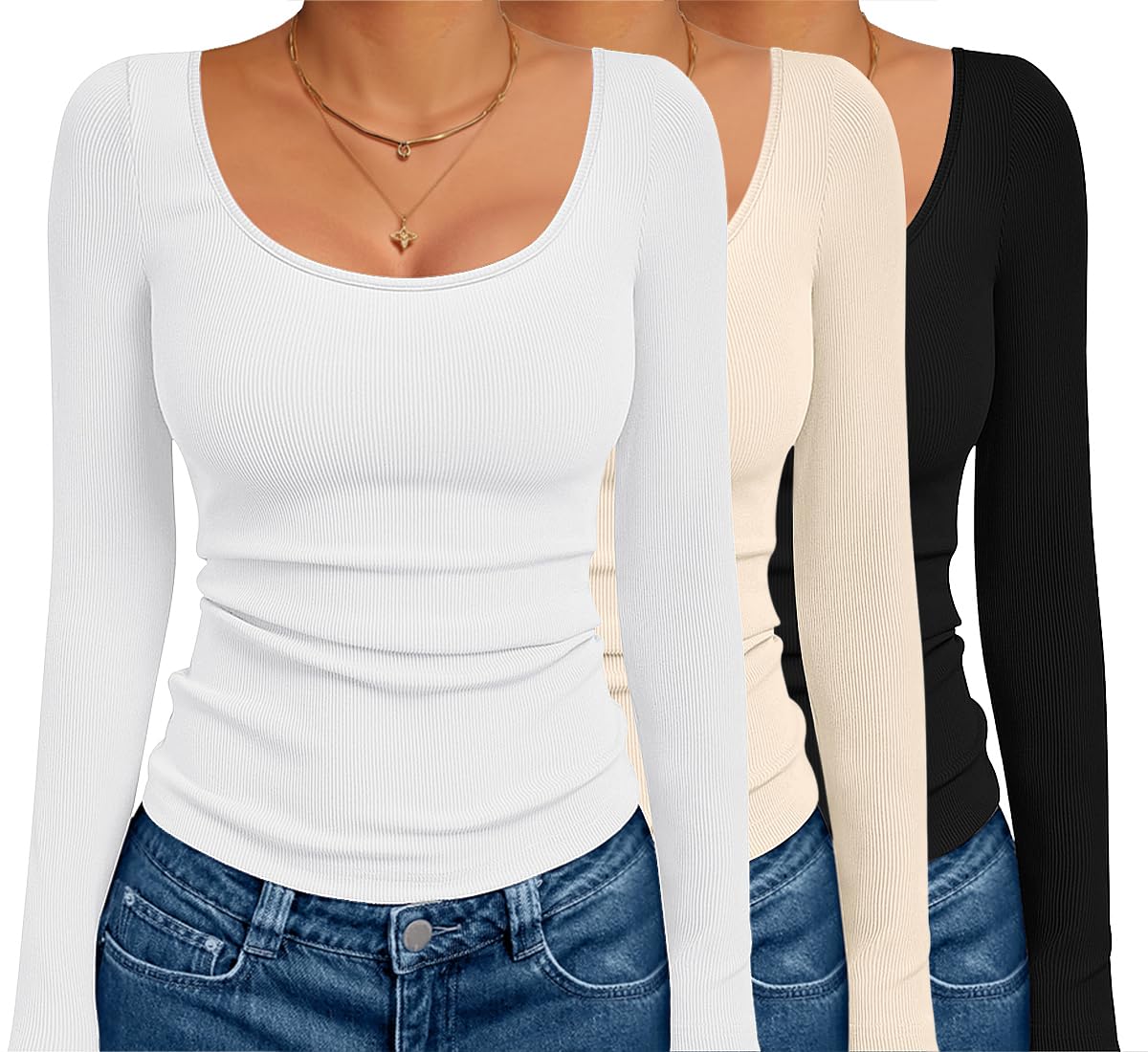 Ekouaer 3 Pack Long Sleeve Shirts for Women Scoop Neck Ribbed Thermal Tops Slim Fit Basic Undershirts XS-XXL