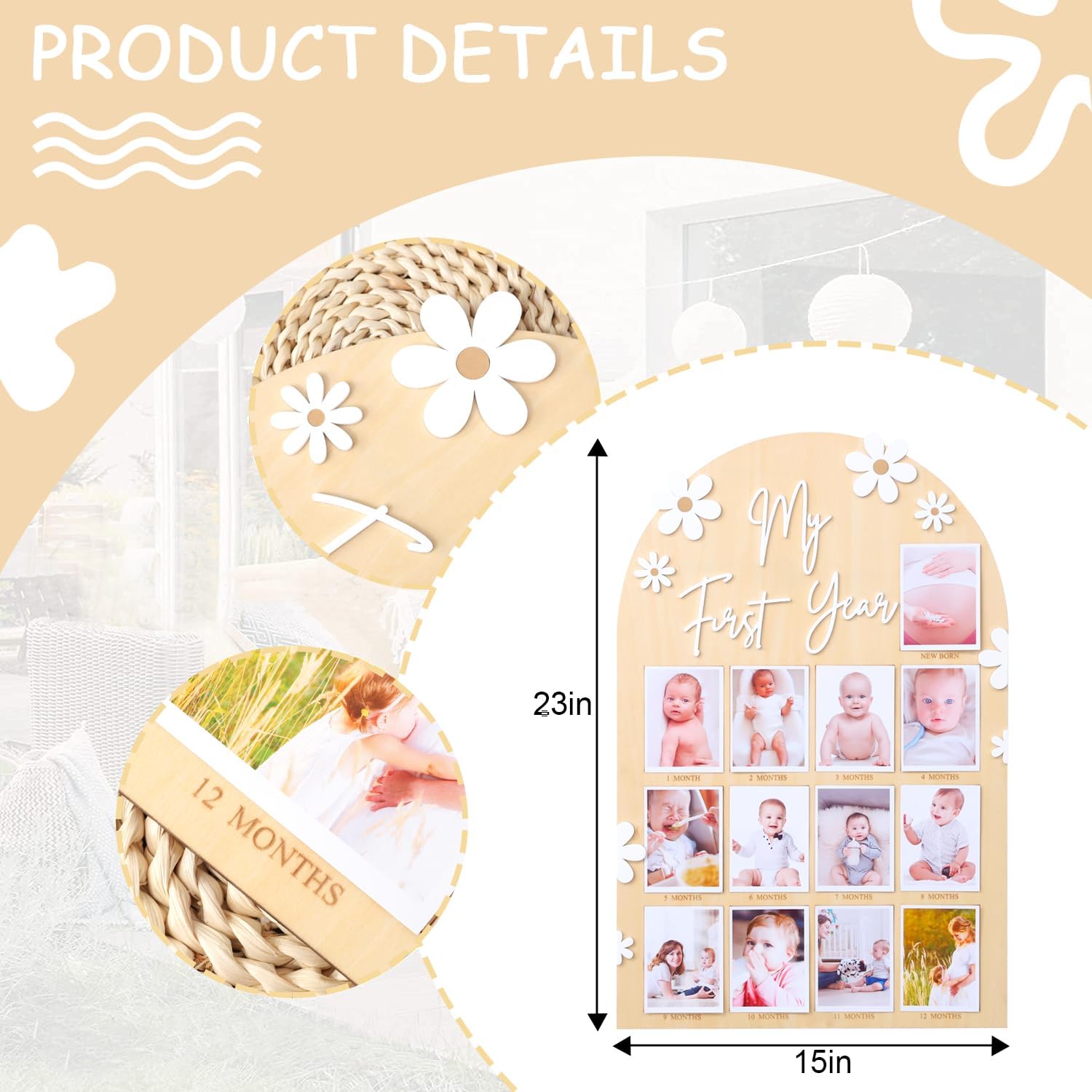 WAWUO 1st First Year Photo Board, 12 Month Picture Milestones Board, My First Year Board, Daisy Birthday Decorations