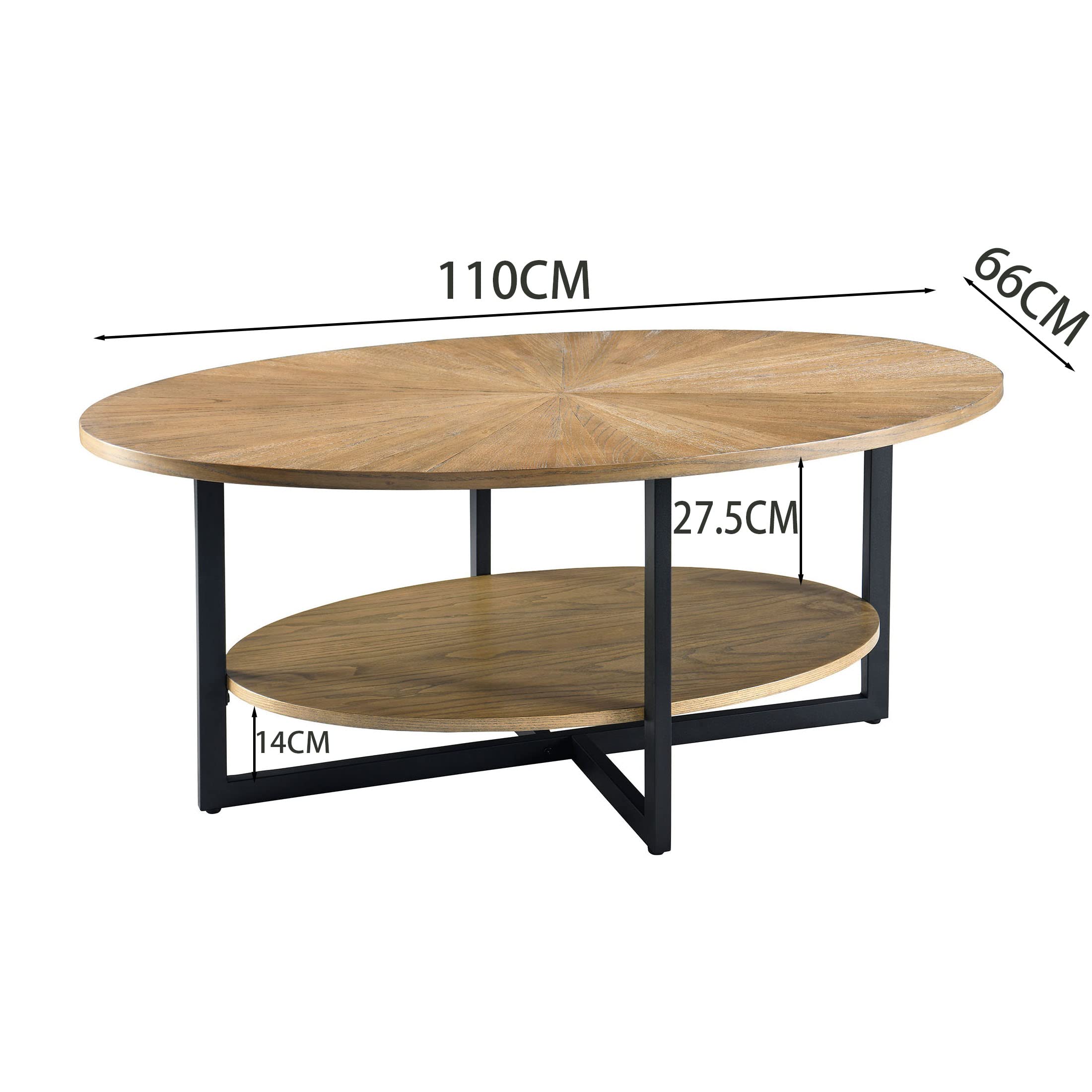 PADMA HOUSE Mesa de centro ovalada de madera maciza con patas de metal en cruz, 110 cm, moderna mesa de centro Industral con estante abierto, mesa de cóctel para salón, dormitorio (naturaleza rústica)