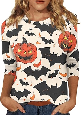 Halloween Shirts for Women 3/4 Sleeve Plus Size Crewneck Loose Fit Cute T Shirt Halloween Costumes for Women 2025