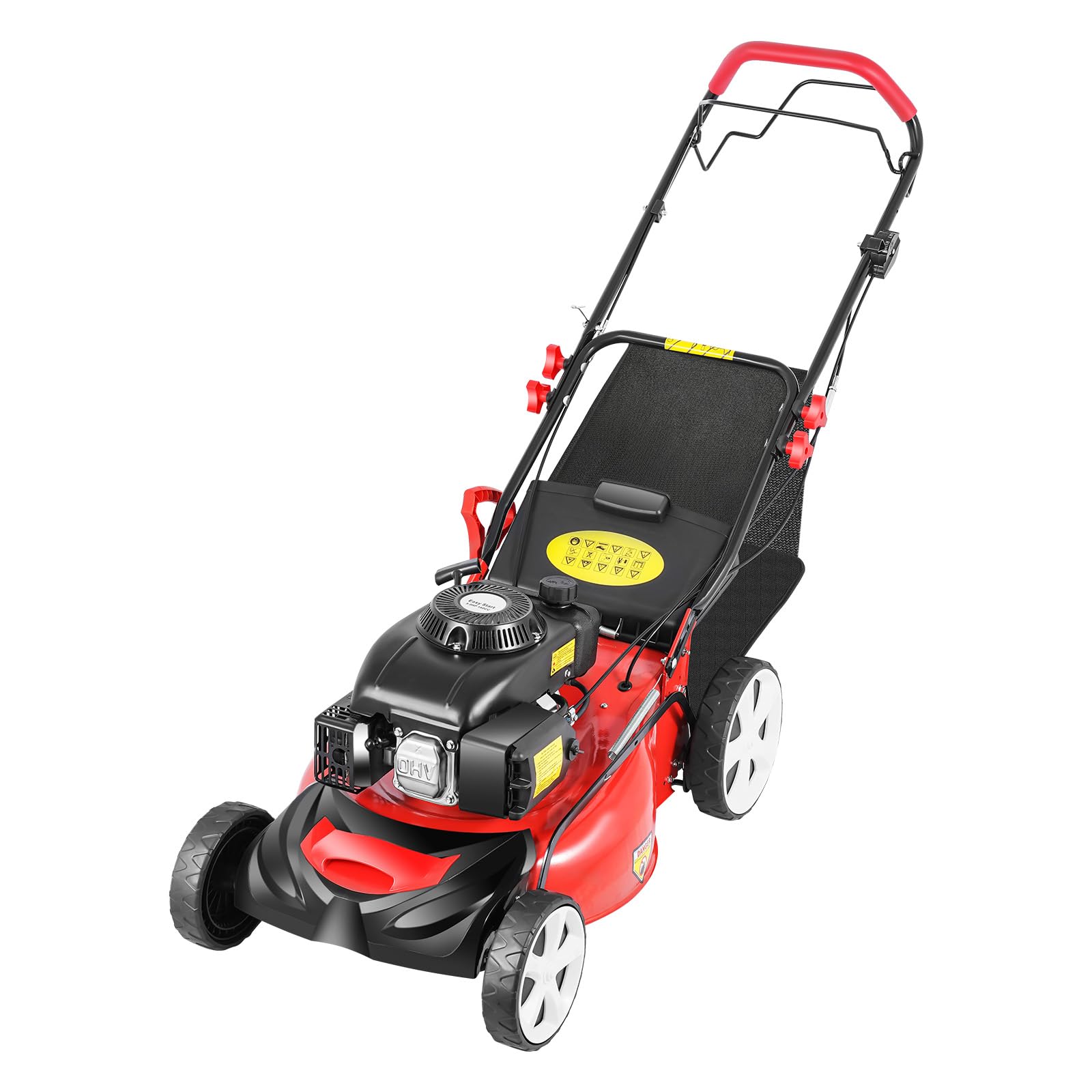 Cortacésped de gas, 6 L, depósito de combustible, 4 tiempos, cortacésped de gasolina, 51 cm, plegable, ancho de corte, 8 posiciones, ajuste de altura 2800 rpm, saco de recogida de césped, gasolina