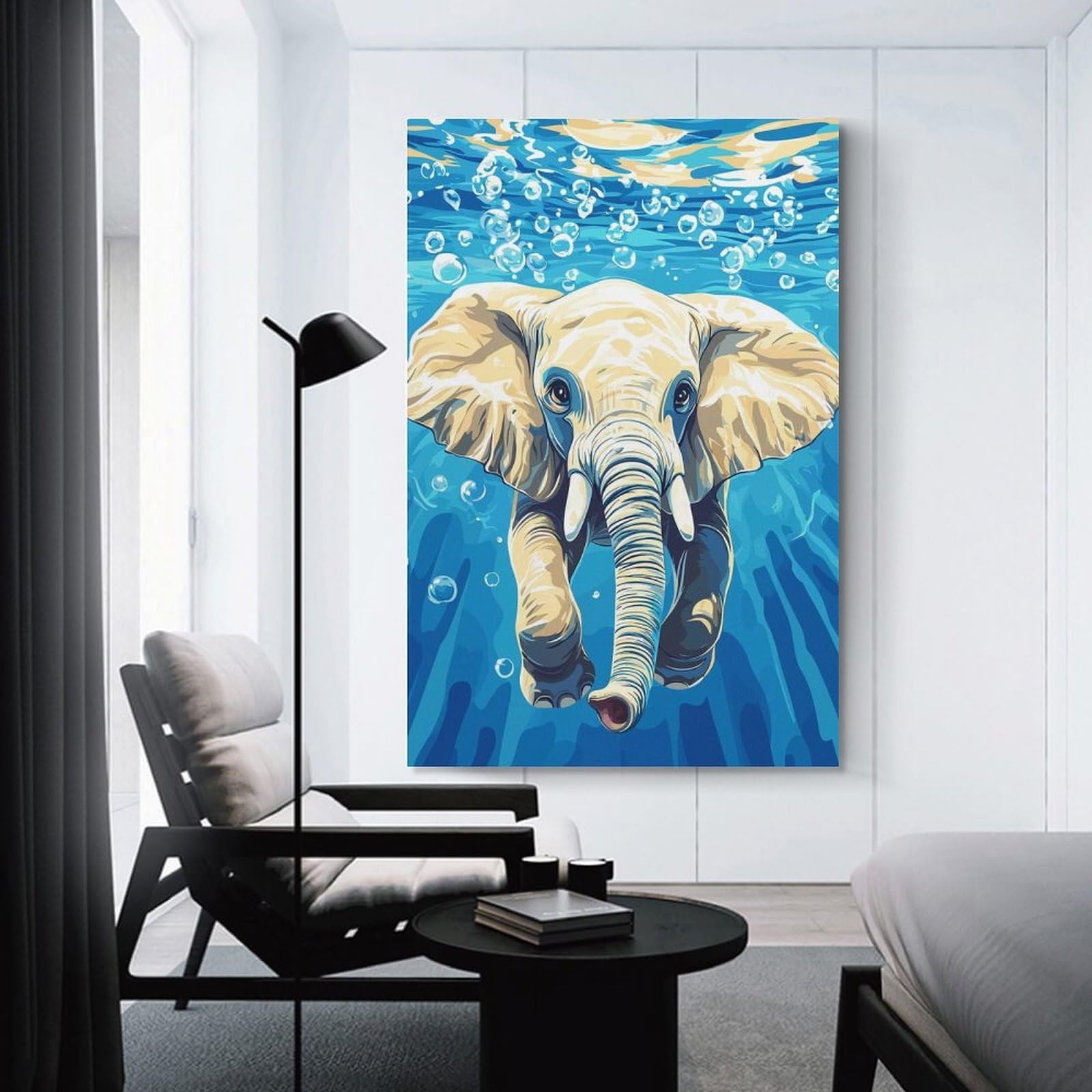 Junmoney Unframe-Style-15 Elephant Swimming Underwater With Bubbles Wall Picture Print, 12X18inch(30X45cm), For Workspace Walls, Study Corners Or Bedrooms, Wall Art That Adds Style To Work Areas