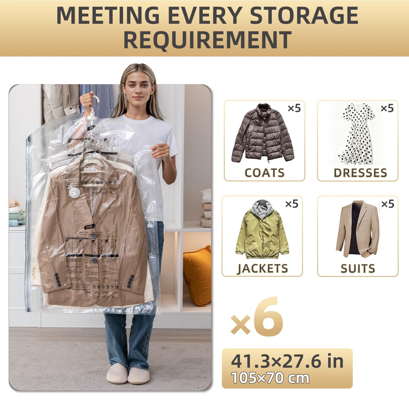 TAILI Bolsas colgantes de almacenamiento al vacío con bomba de aire eléctrica, bolsas de sellado al vacío para ropa, viajes, perchas de ahorro de espacio para ropa, abrigos, trajes y chaquetas, juego