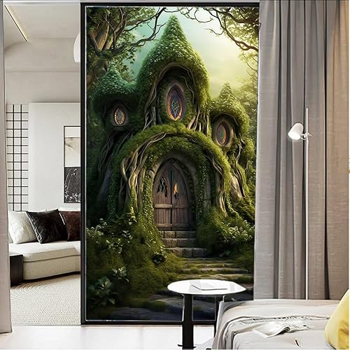 Miniatura 7 de Película de privacidad rústica para ventana, diseño retro de árbol de casa, vitral, bloqueo solar, control de calor, película decorativa para cubrir