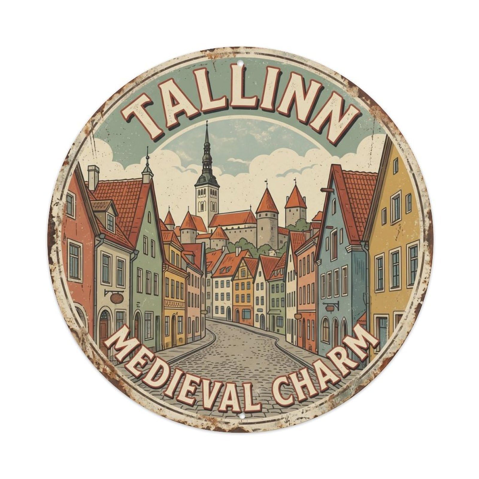 Vintage Travel Tallinn Estonia Oldtown Metal Tin Sign Plaque Wall Decor for Cafe, Club, Garden Round Metal Poster 8x8Inch