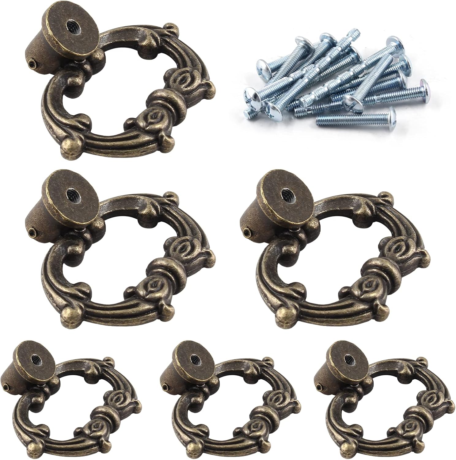 Luomorgo 6 Pcs Antique Bronze Drop Ring Drawer Pulls, Vintage Cabinet Pull Handles, Small Decorative Dresser Ring Pulls, Metal Pull Ring Handle for Kitchen Cabinets, Cupboard