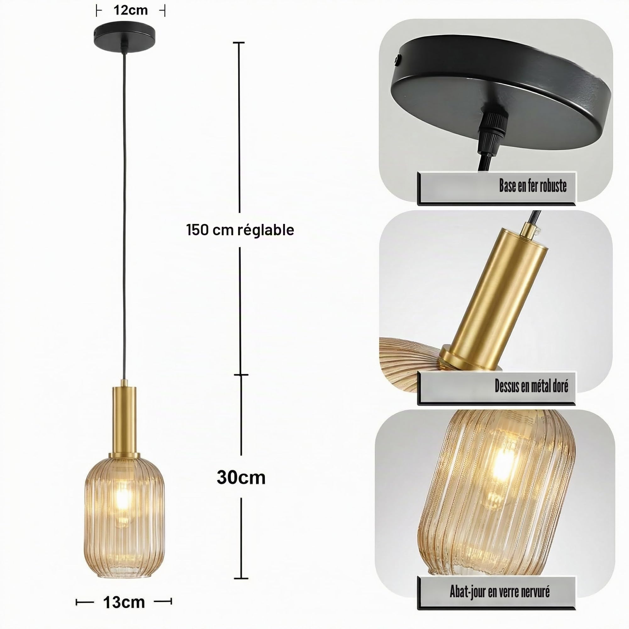 Suspension Luminaire en Verre,Finition en Laiton Doré, Vintage Lustre Suspendu Intérieur, Lampe Suspendue pour Salle à Manger Cuisine Salon Chambre & Cuisine (Ambré, 13CM)
