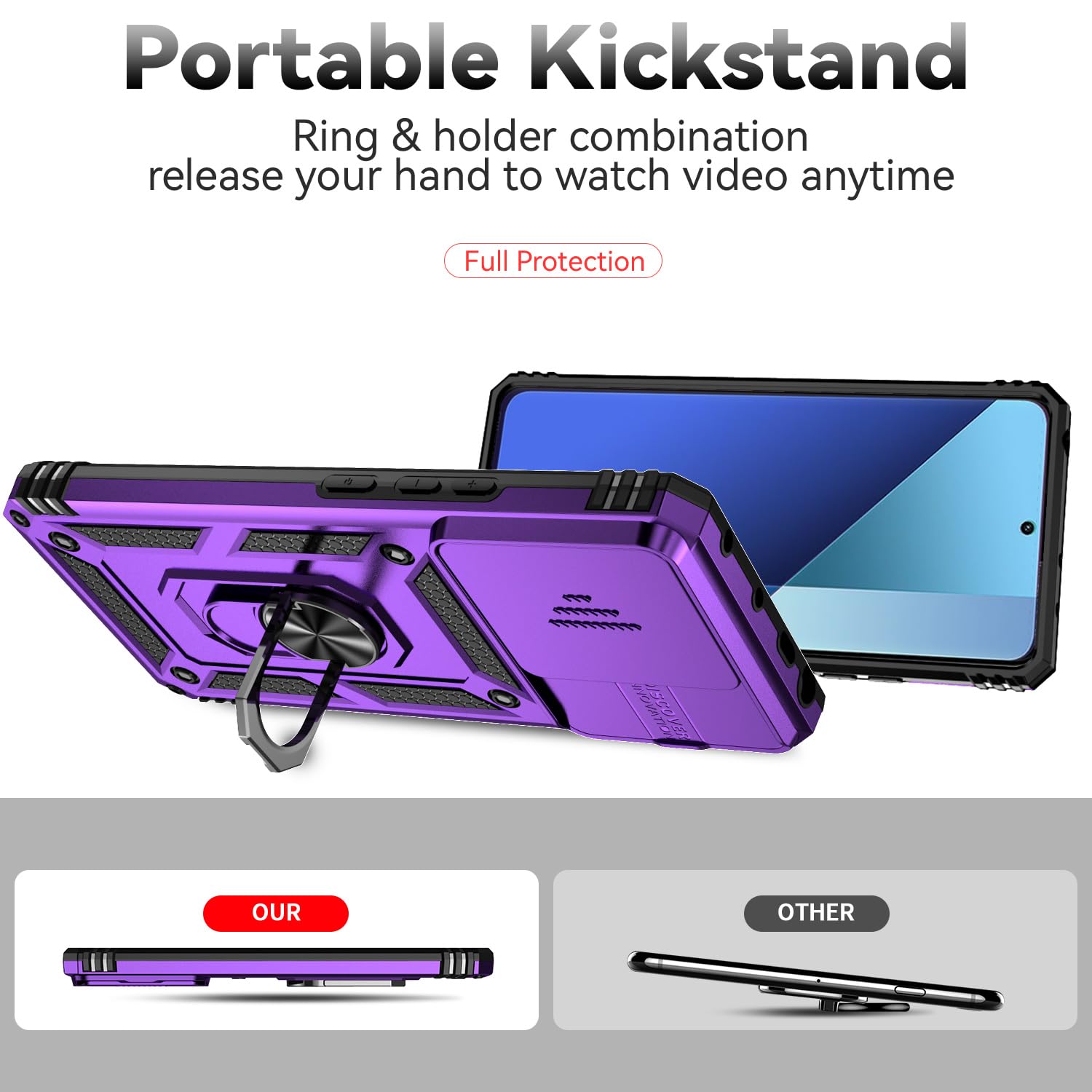 WBWONE Cover per Xiaomi Redmi Note 13 Pro 4G / Poco M6 Pro 4G, TPU/PC Antiurto Protettiva Custodia con Girevole Anello Staffa e Copertura Della Fotocamera Scorrevole, Viola