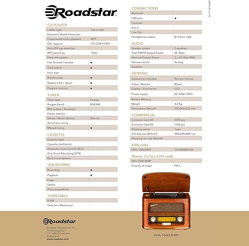 Roadstar HRA-1500UEMP Vintage FM/MW Portable CD Radio CD MP3 Player USB Recording Stereo Remote Control Headphone Jack Wood - 3