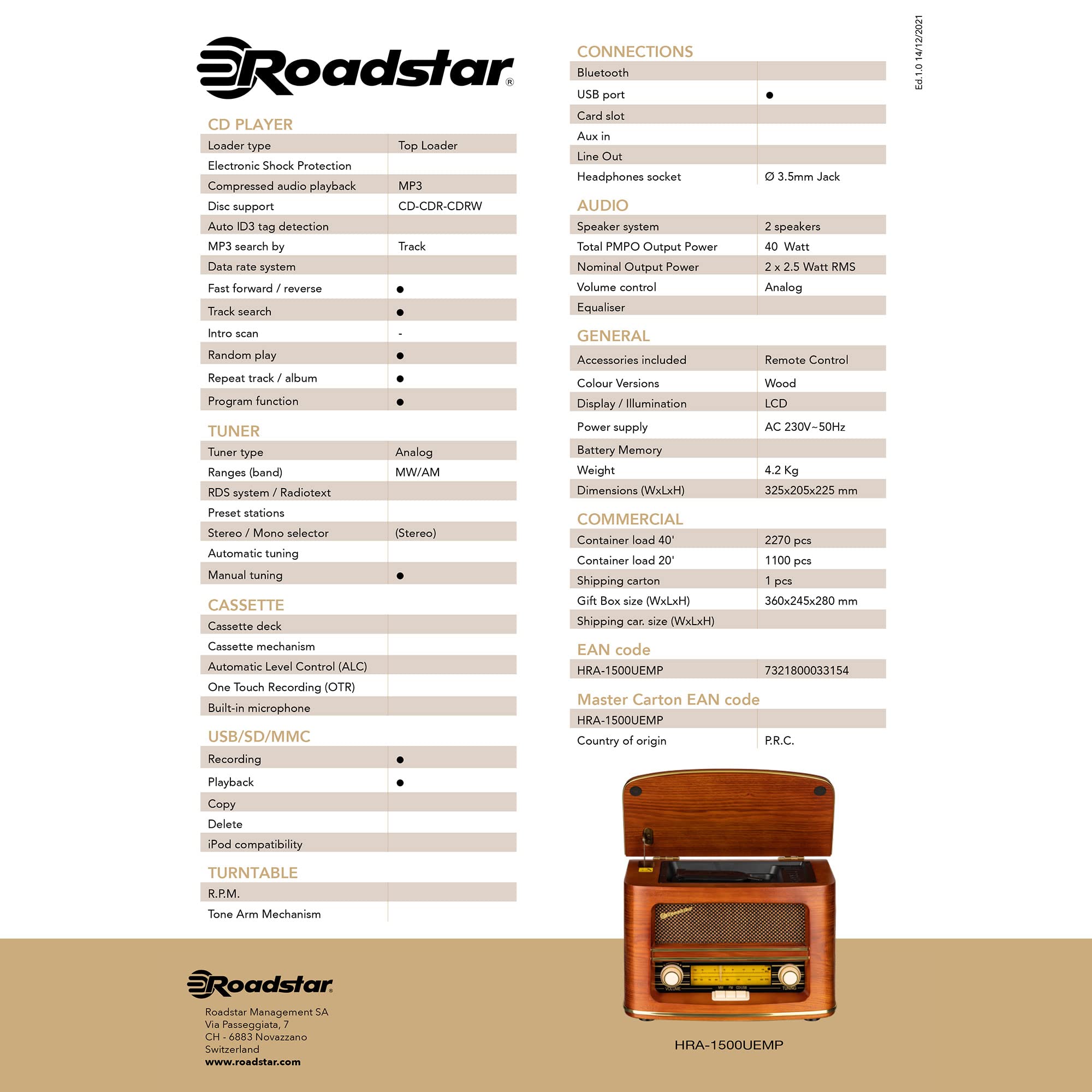 Roadstar HRA-1500UEMP Radio CD Portable FM/MW Vintage, Lecteur CD-MP3, Fonction d'enregistrement USB, Stéréo, Télécommande, Connexion pour Casque, Bois